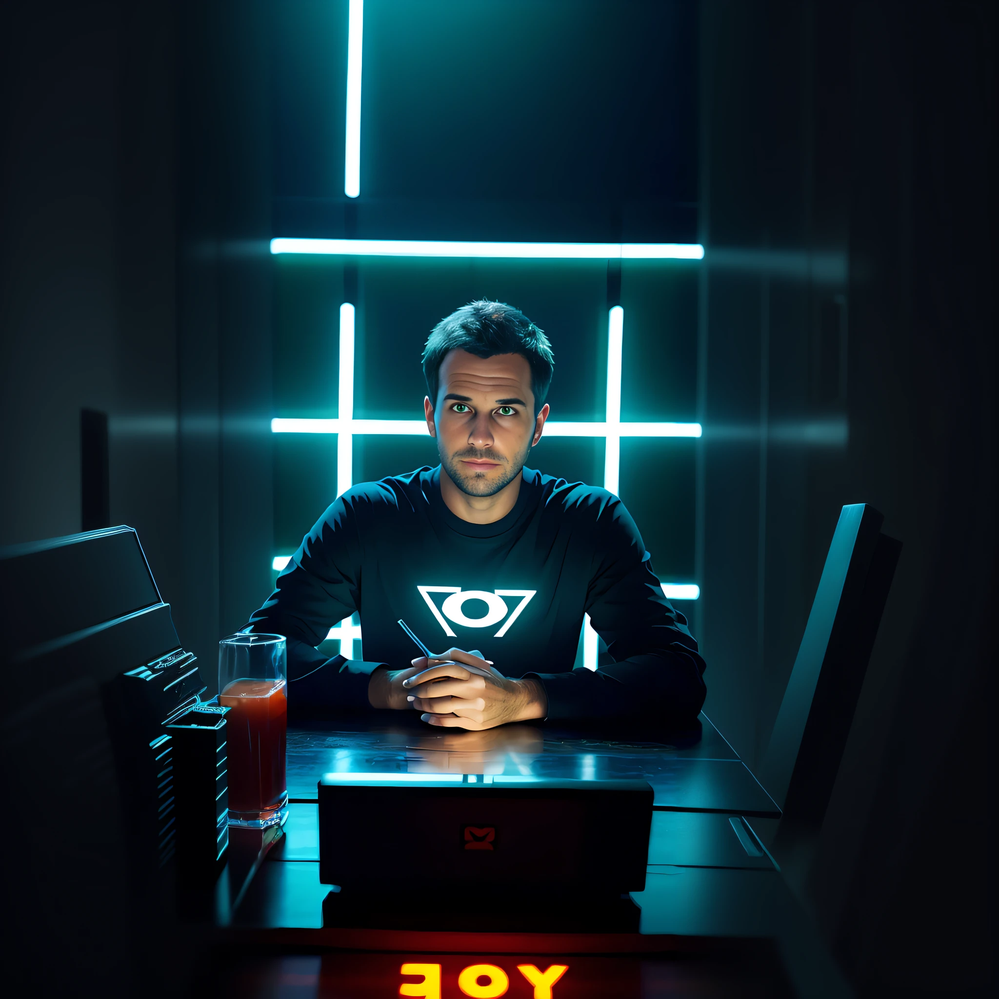 there is a man sitting at a table with a laptop, wearing netrunner clothing, avatar image, infinite, ryan dening, future coder man looking on, highly cinematic, promo image, highly detailed vfx portrait, intense gaze, vantablack gi, promotional portrait, vantablack cloth technology, arian mark, raphael personnaz, anton fadeev 8 k