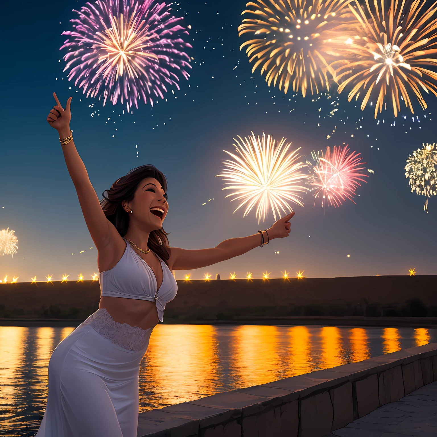 a close up of a latina Venus under the moonlight next to a river, she expressing joy, she is smiling and excited, fireworks, big smile on her face, hot, pyramids in the background, magic sparks around her, powerful, her shot --auto