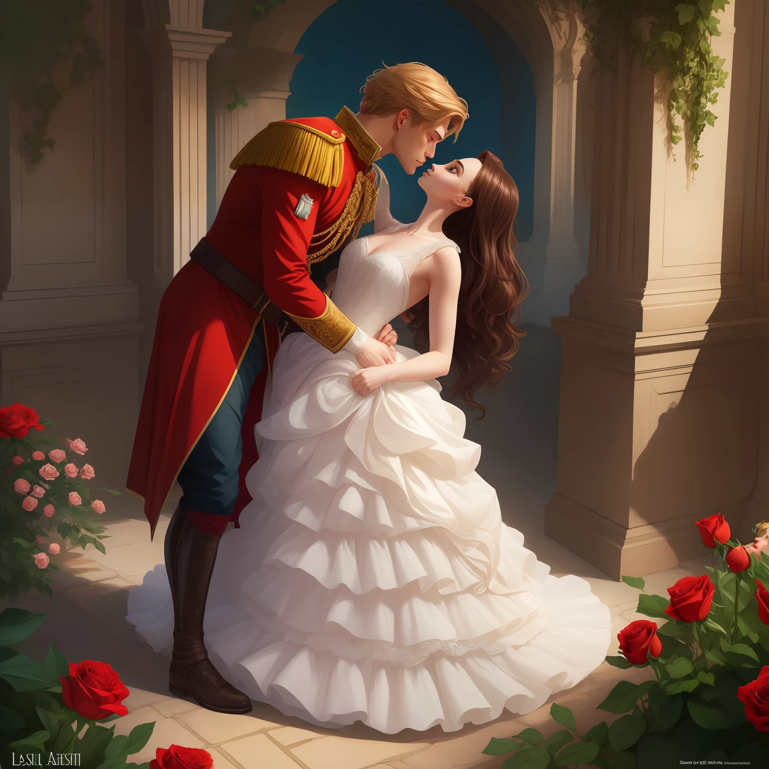 Couple kisses a house and a woman with much affection, the man Neels Visser is a prince who has golden blonde hair, wears a medieval military outfit and is in love with the commoner woman Lily Collins, who has dark curly black hair and wears a red dress, illustration of a novel book cover with a detail, smooth, shiny background full of ivy-covered flowers and red roses, castle, ornate dress standing on a bed of roses, edge light, dynamic lighting, ethereal lighting, ultra detail, concept art, elegant, surreal, art by Lisa Aisato, Greg Hildebrandt, Citemer Liu, Stjepan Sejic, Samyang, Aykut Aydogdu, Justin Gerard, Alphonse Mucha, Artgerm, WLOP and Greg Rutkowski