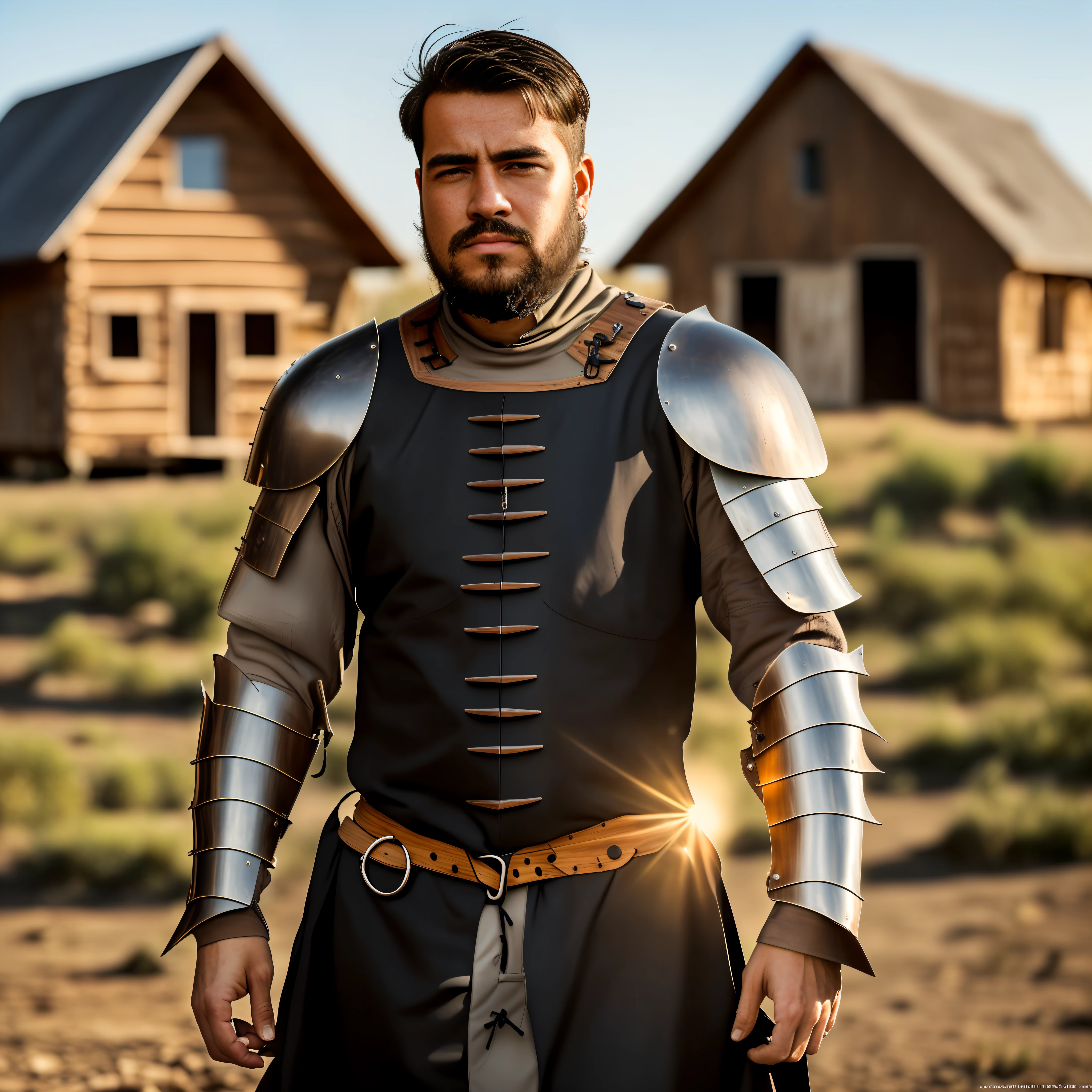 (((masterpiece))) , ((best quality)) , ((realistic, photography, photorealism, hyper-detailed)) , (((perfect body, detailed eyes) , (1 Man, 21 years old, (white skin)) , (short black color hair, black medium beard, thick black color shadow) , (Brazilian), (face would be, big scar on neck))) , (((broken medieval black color armor)))), ((in the background a flat desert, by day, midday sun) , (a simple medium two-story wooden house, 2 medium wooden barns)) , (midday lighting) .