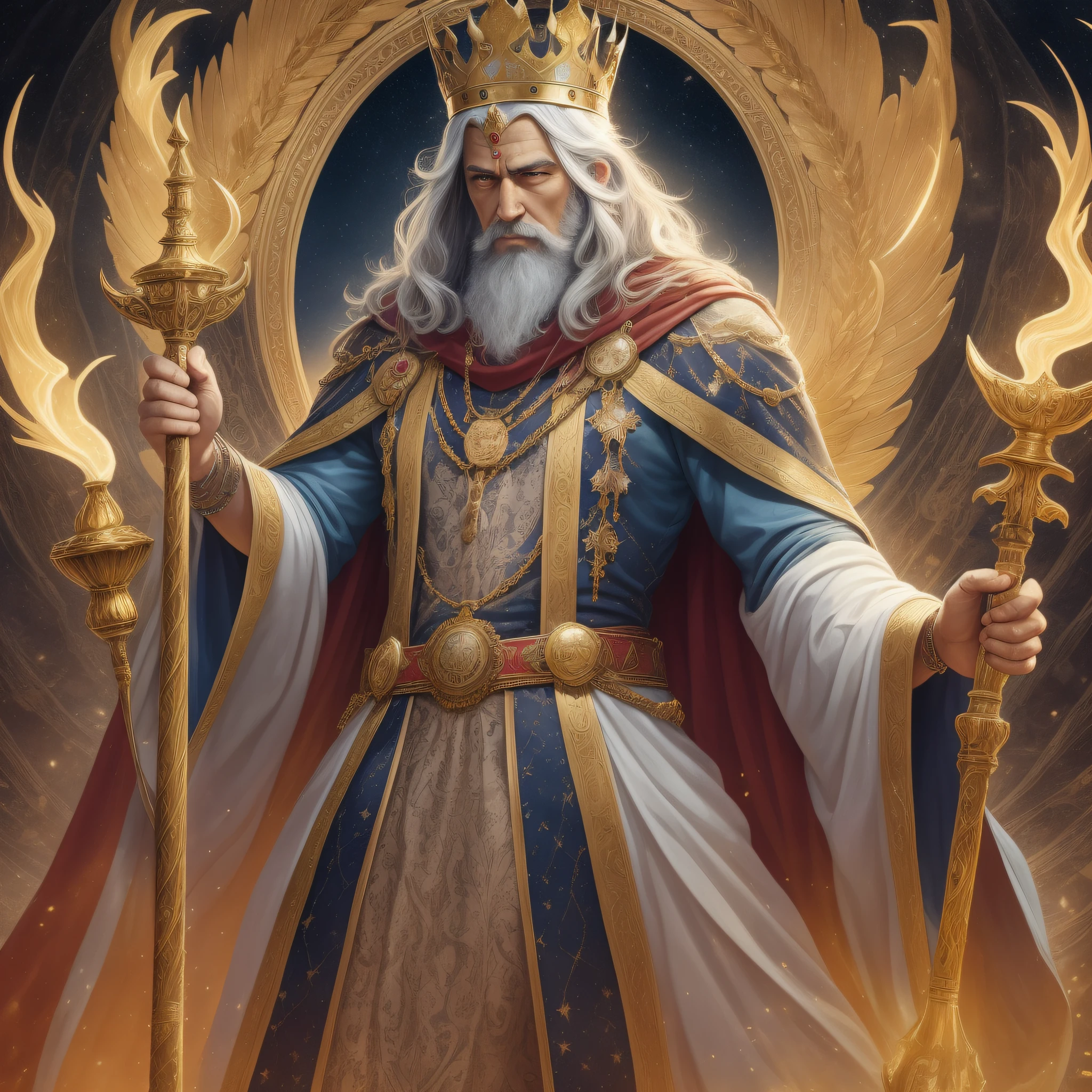 (masterpiece:1.2), (best quality:1.2)The drawing depicts a powerful king in a world filled with magic and enchantment. He is dressed in a majestic costume, made of luxurious fabrics and adorned with intricate embroidery. Its fluttering cape is made of a magical material that glows in shades of gold and purple. The king's crown is elaborate and displays sparkling jewelry, reflecting the magical light around it. His face is imposing, with a long, gray beard, and his eyes shine with wisdom and power. His expression conveys confidence and authority, making it clear that he is a respected ruler. Next to the king, there is a majestic scepter adorned with magical symbols and precious gems. The scepter emanates an aura of power, indicating that the king possesses extraordinary magical abilities. His hands hold the scepter tightly, symbolizing his connection to magic and his ability to control it deftly. The king stands on a magnificent throne, made of carved wood and decorated with mystical symbols. Behind him, there is a huge map of the kingdom, revealing its vast expanse and the diversity of magical lands it rules. Around the throne, there are magical beings who pay homage to the king. Mythical creatures such as fairies, unicorns, and dragons are present, each representing a facet of the magical world over which the king reigns with justice and benevolence. In the background setting, the king's kingdom is depicted, with imposing castles, mystical towers and enchanted forests. Magic permeates everything, manifesting itself in colorful rays of light, floating rainbows, and bright stars dotting the sky. This drawing captures the essence of a powerful king in a magical world, representing his strength, wisdom, and connection to mystical energies. It is a stunning portrait that conveys the grandeur and enchantment of this king in his realm of magic.