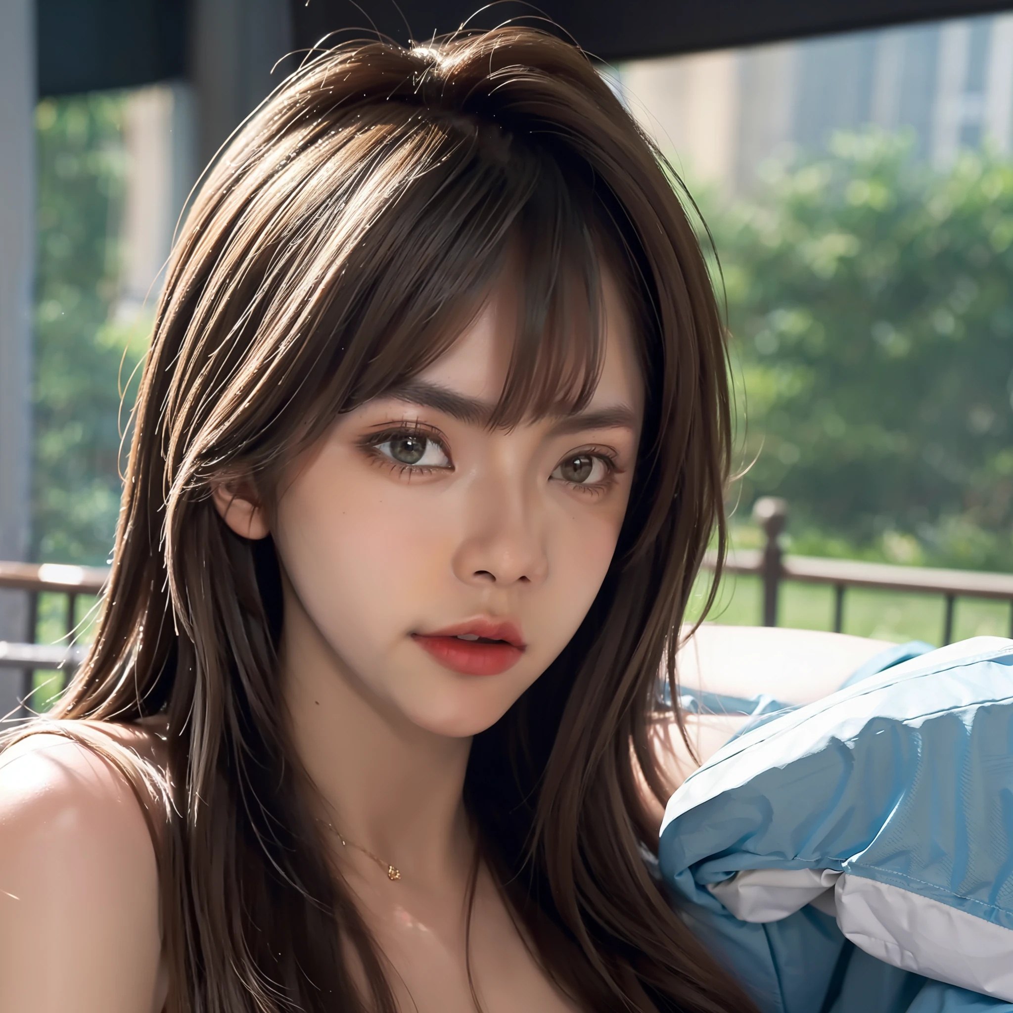 8K, Best Quality, Masterpiece, Ultra High Resolution, (Realism: 1.4), Original Photo, (Realistic Skin Texture: 1.3), (Film Grain: 1.3), (Selfie Angle), 1 Girl, Beautiful Eyes and Face Details, Masterpiece, Best Quality, Close-up, Upper Body, Looking at the Viewer, Full body, Nude body