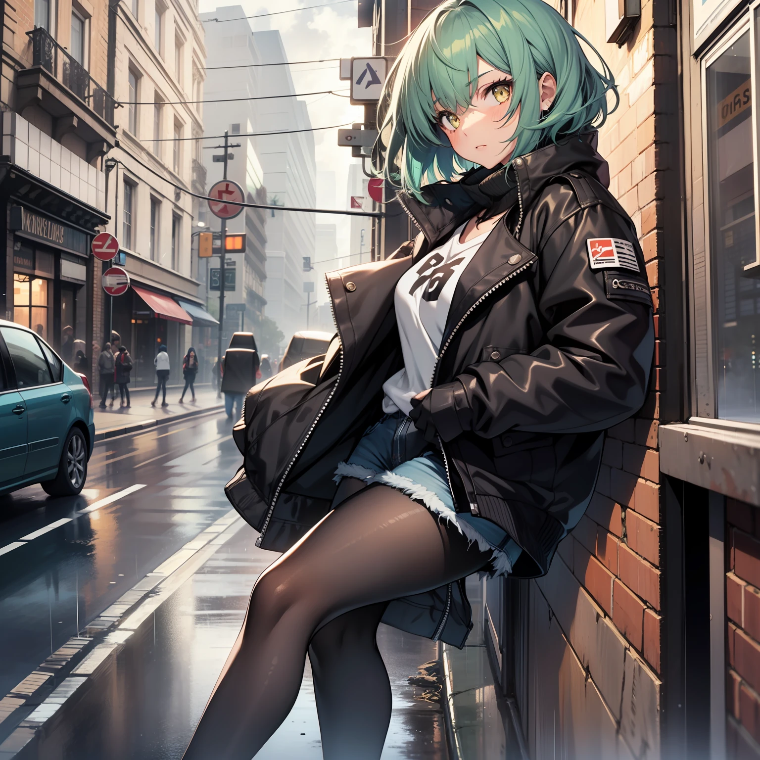 18 year old girl, short hair, greenish blue hair, yellow eyes, black curo jacket, jean shorts, on a London street, cloudy weather, light rain, highlights, 4k, good anatomy, wearing pantyhose, masterpiece