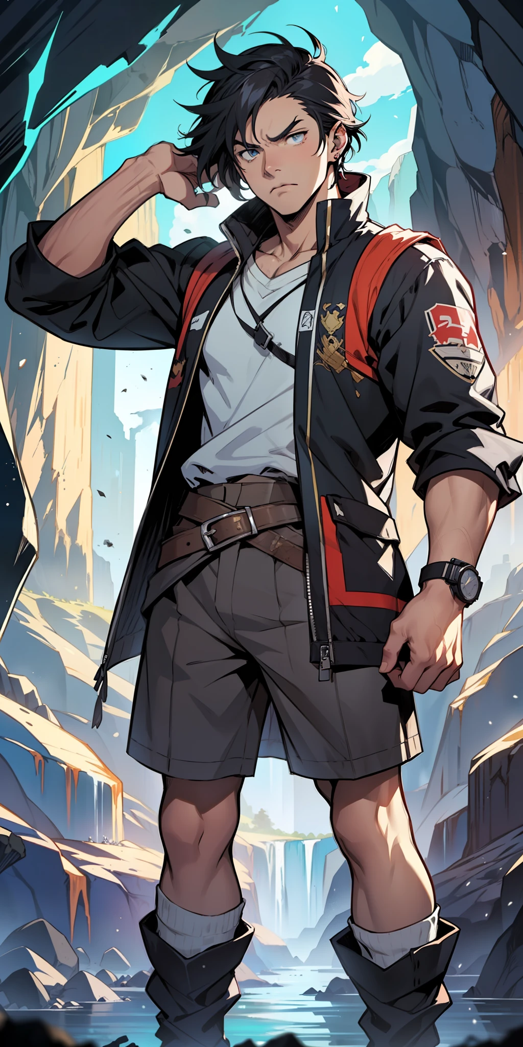 ((masterpiece)), ((manga)), ((Solo Leveling)), ((male character)), ((modern visual style)), ((guy)), ((man)), (( Eye effect)), eyebrow, ((ear)), ((serious expression)), short messy hair, ((teno)), (arms), (legs), standing, ((background scenery)), ((inside the cave)), ((details in the cave)), ((isekai world))