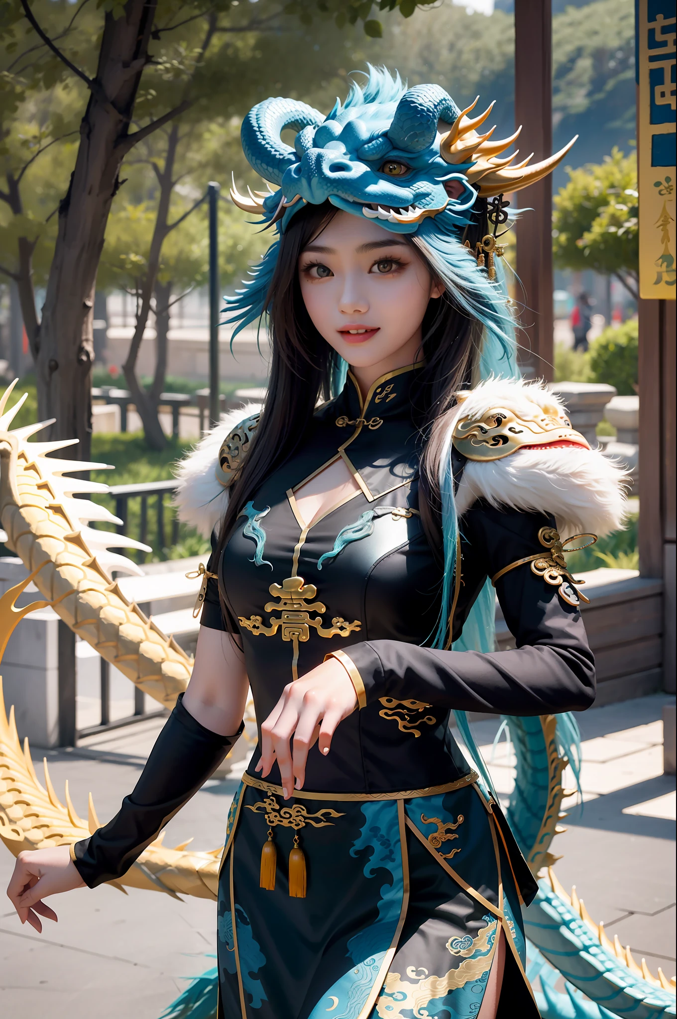 masterpiece, best quality, 1girl make friends with the Chinese dragon, funny, happy, bright, loong,