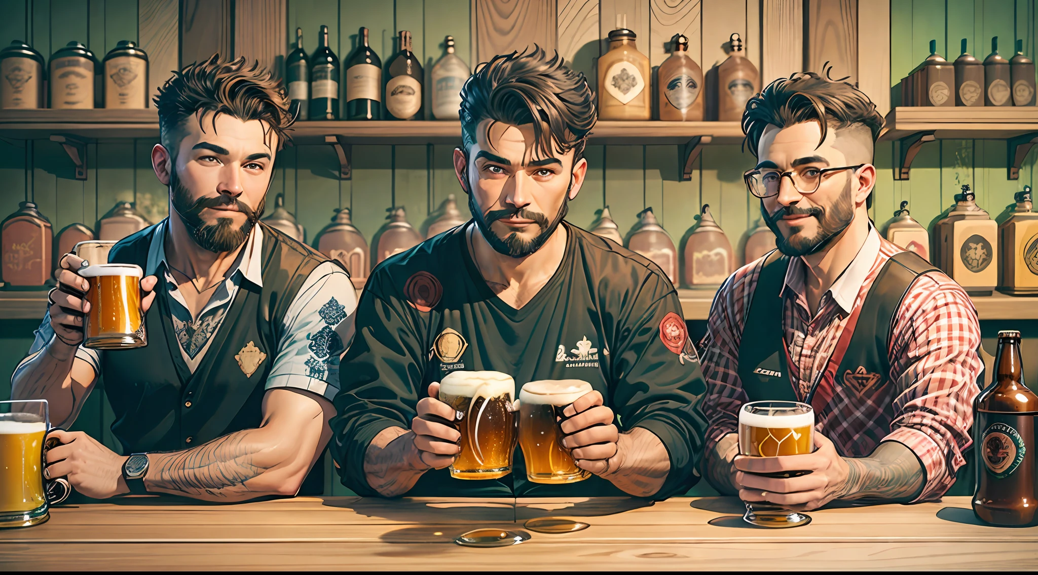 there are [three:1.5] men who are standing next to each other, behind the deck of the bar with mugs of beer, They made the beer and are happy for it and celebrate, decorated walls, old brewery, barrels,(((masterpiece))
