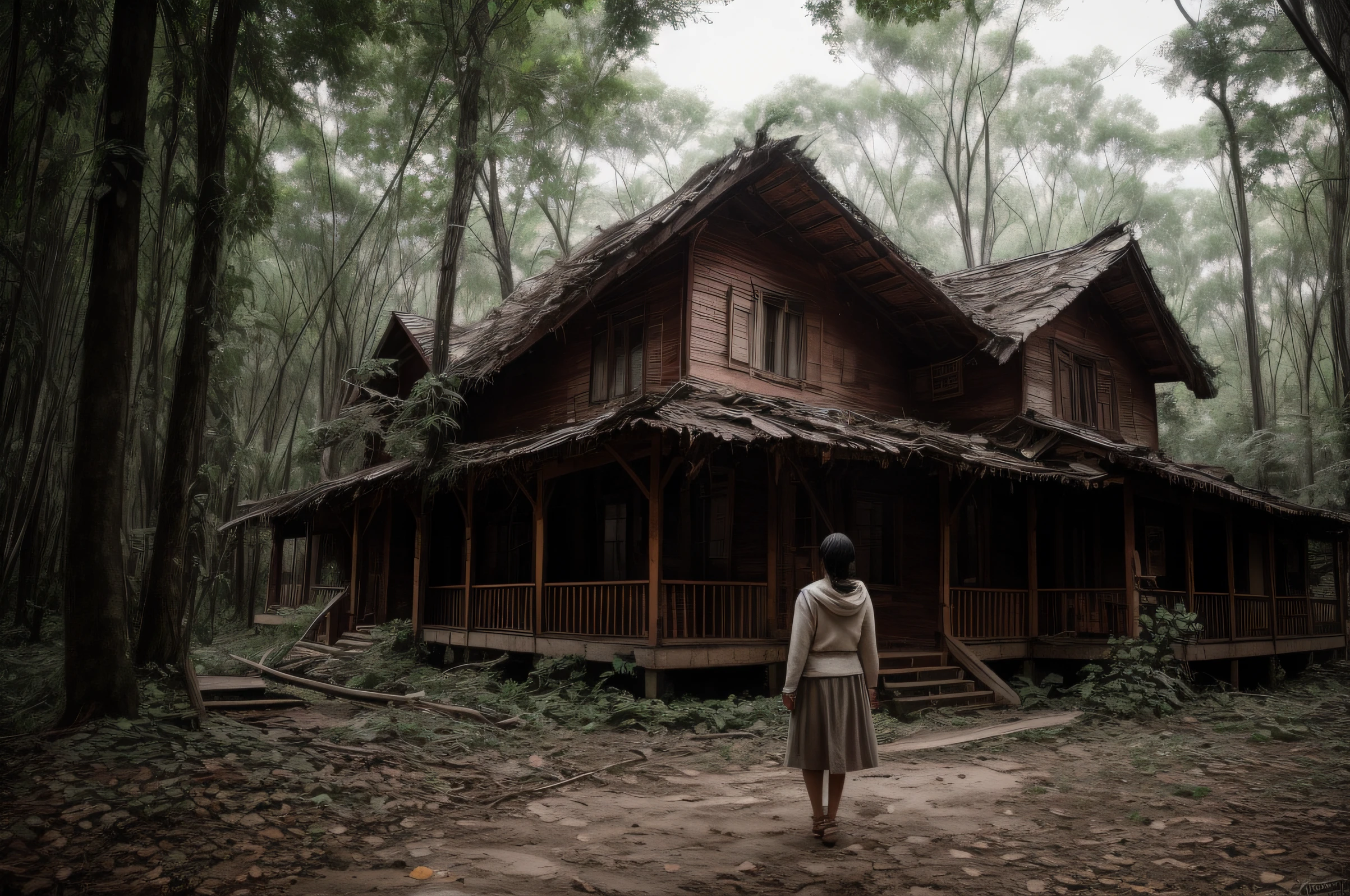 a full-length woman, looking directly at the mysterious house, abandoned in the middle of the forest. they are wearing short clothes, they have a gun in their hand, they are cold and at night the weather is terrible, it rains at night, canon RWA 24-70mm digital lens, f/2.8 aperture, shutter speed 1/60, iso 800, dim and moody lighting, dark and desaturated color palette