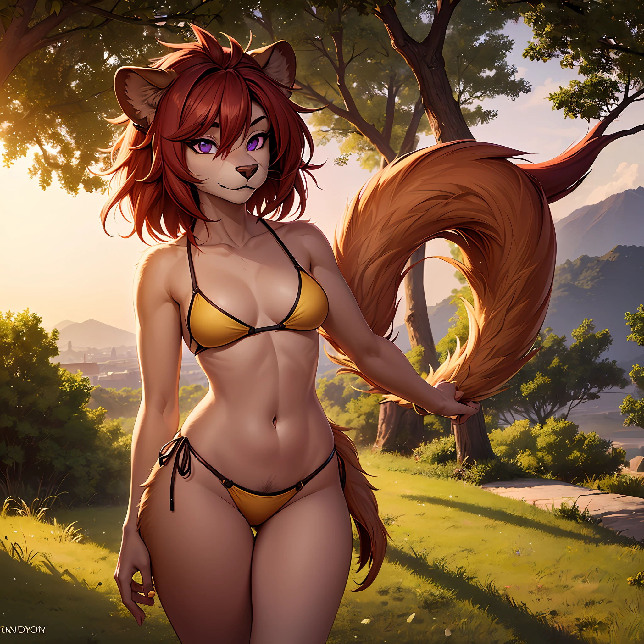 (1girl), Lioness girl, red hair, abundant short hair, brown skin, hairy, fluffy, bikini, purple eyes, small chest, wide hips, lion tail, high quality, furry --Furry Vixens