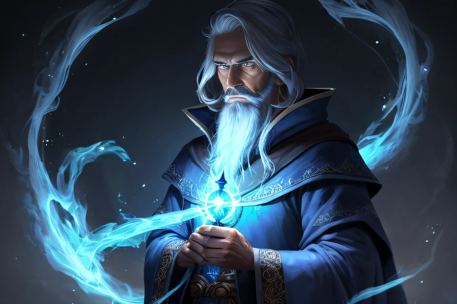 arafed image of a man with a long white beard and a blue robe holding a glowing light, an arcane wizard casting a spell, wizard casting a spell, closeup portrait of an mage, male wizard, portrait of a mage, portrait of a wizard, spell casting wizard, fantasy mage, evil male sorcerer, mage, old male archmage