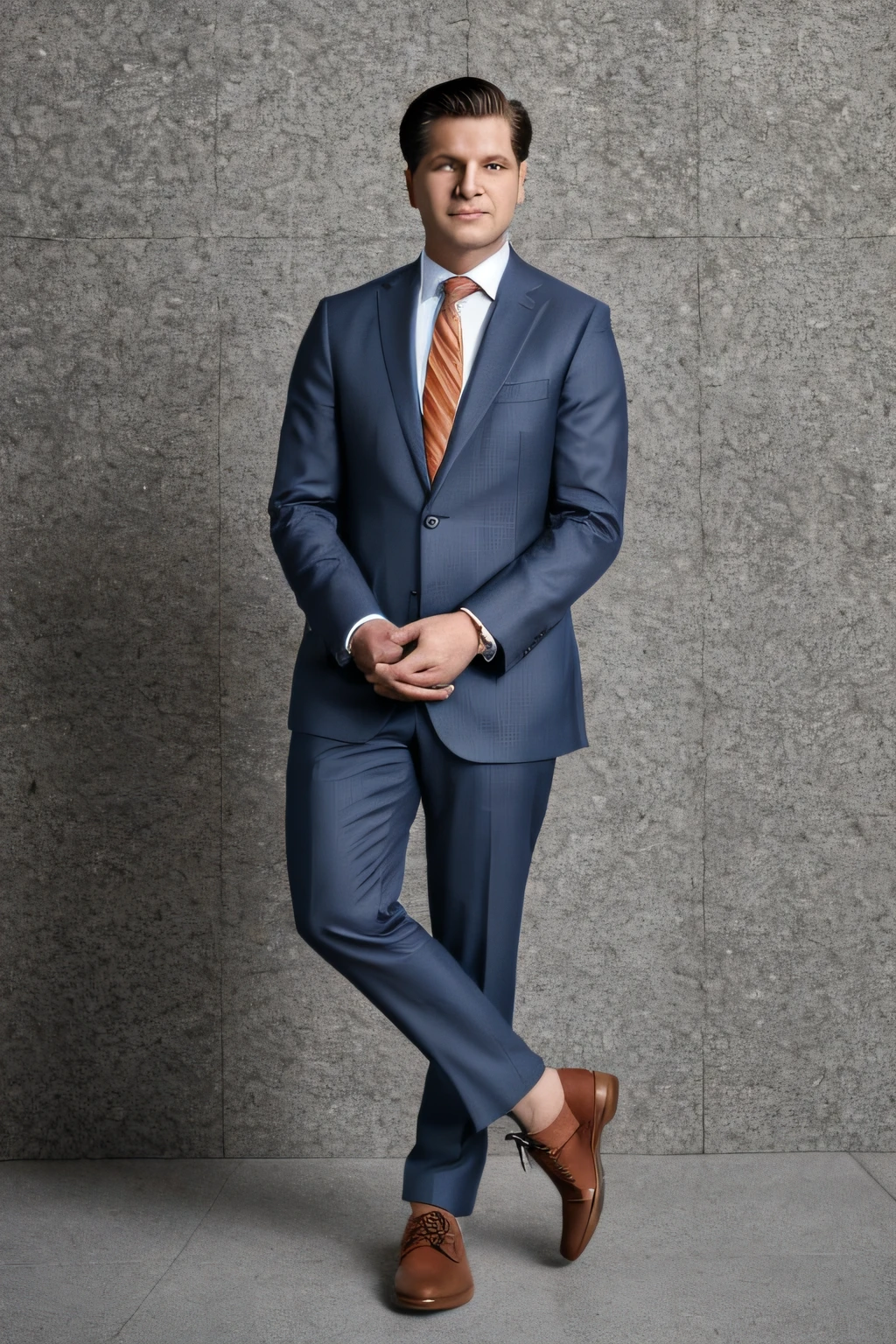 concept art, side lighting, depth of field, sharp focus, hard light, split shadow, vivid, bright, cinematic, dramatic, caustic, realistic, photorealistic, photo \(medium\) photo of man in gray suit, orange tie and full-body brown shoe
