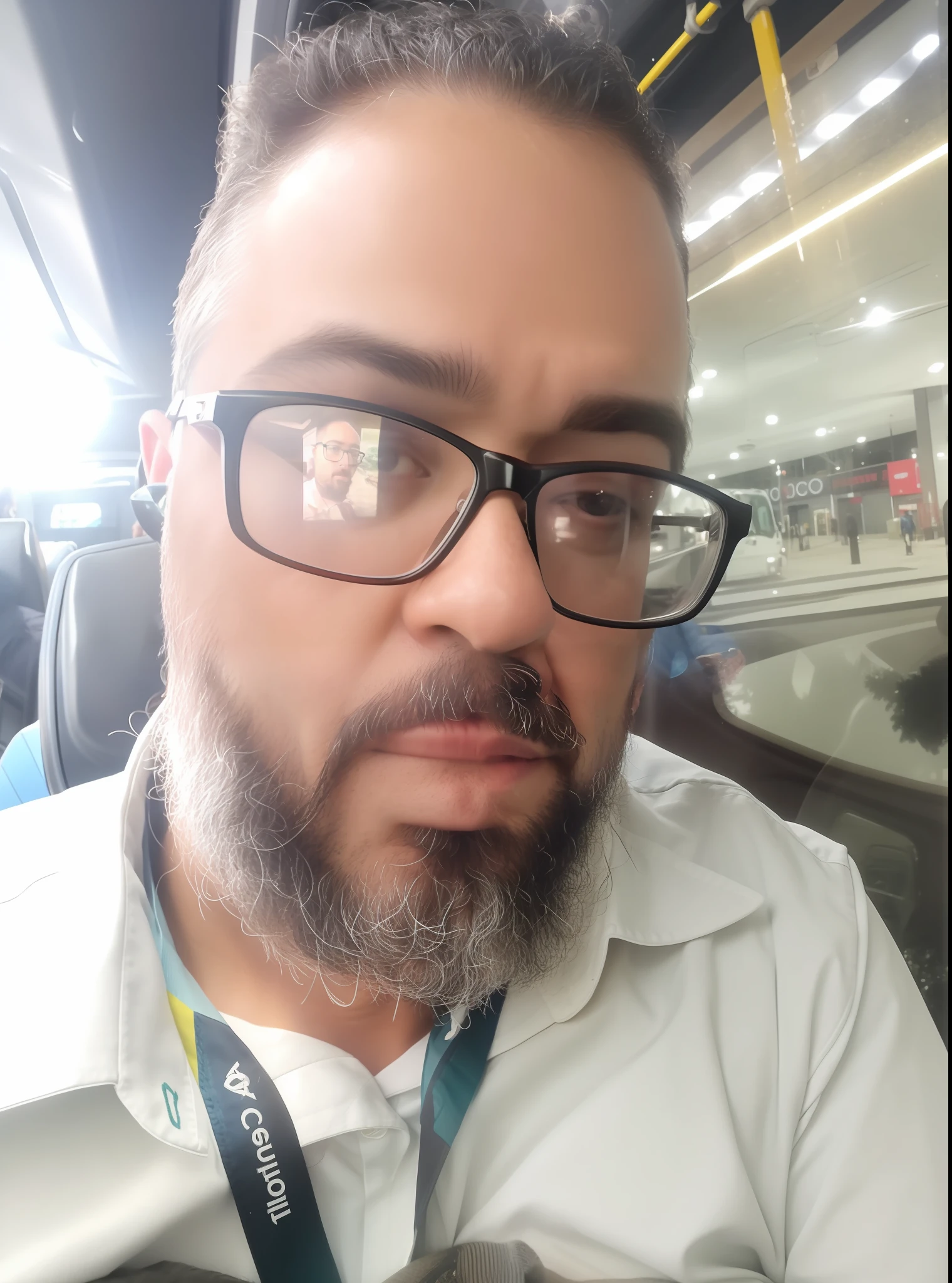 there is a man with a beard and glasses sitting in a bus, with nerdy glasses and goatee, with glasses and goatee, selfie shot straight on angle, 8k selfie photograph, in sao paulo, with nerdy! glasses! and goatee, looking away from camera, very very low quality picture, selfie photo, taken with sony alpha 9, with serious face expression