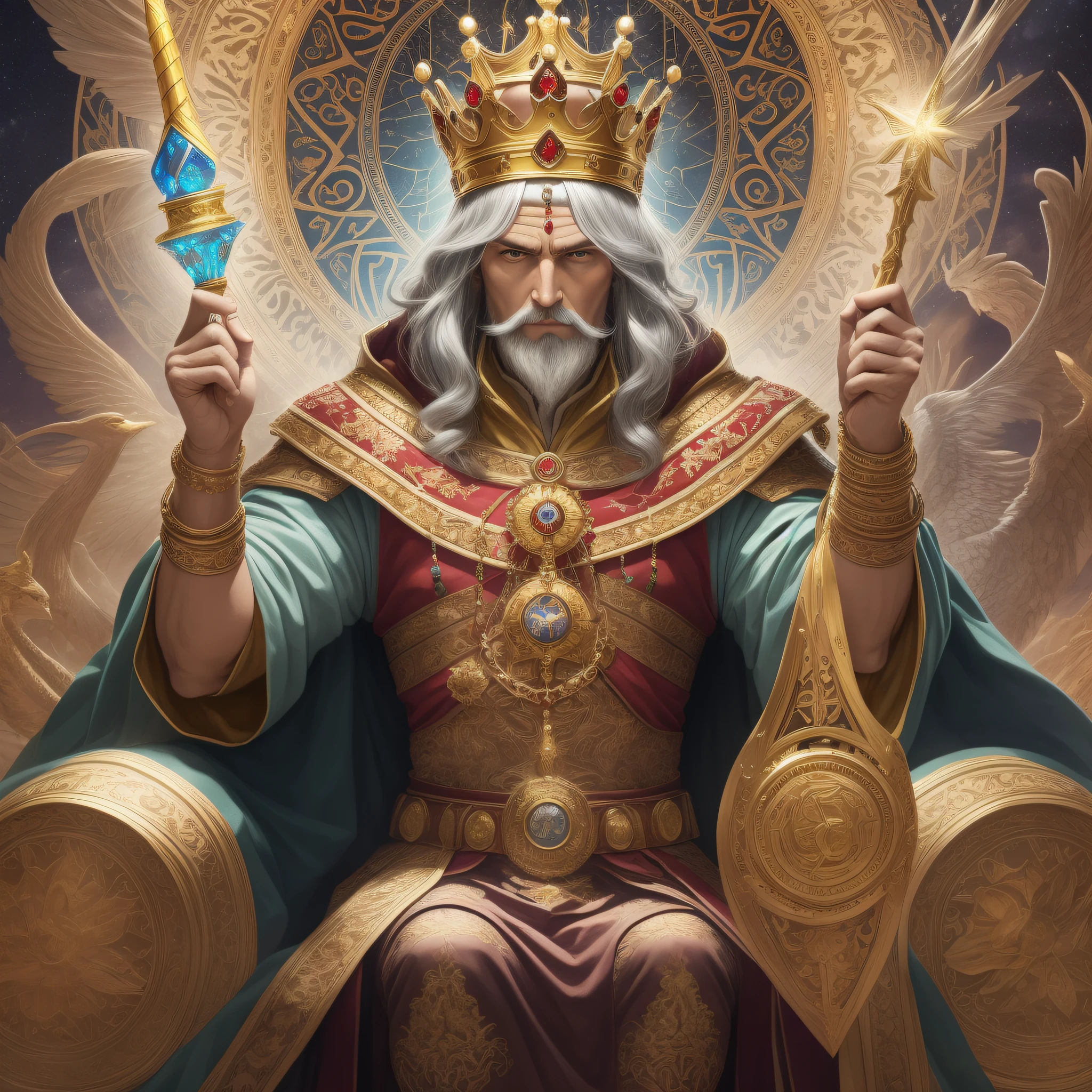 (masterpiece:1.3), (best quality:1.2)The drawing depicts a powerful king in a world filled with magic and enchantment. He is dressed in a majestic costume, made of luxurious fabrics and adorned with intricate embroidery. Its fluttering cape is made of a magical material that glows in shades of gold and purple. The king's crown is elaborate and displays sparkling jewelry, reflecting the magical light around it. His face is imposing, with a long, gray beard, and his eyes shine with wisdom and power. His expression conveys confidence and authority, making it clear that he is a respected ruler. Next to the king, there is a majestic scepter adorned with magical symbols and precious gems. The scepter emanates an aura of power, indicating that the king possesses extraordinary magical abilities. His hands hold the scepter tightly, symbolizing his connection to magic and his ability to control it deftly. The king stands on a magnificent throne, made of carved wood and decorated with mystical symbols. Behind him, there is a huge map of the kingdom, revealing its vast expanse and the diversity of magical lands it rules. Around the throne, there are magical beings who pay homage to the king. Mythical creatures such as fairies, unicorns, and dragons are present, each representing a facet of the magical world over which the king reigns with justice and benevolence. In the background setting, the king's kingdom is depicted, with imposing castles, mystical towers and enchanted forests. Magic permeates everything, manifesting itself in colorful rays of light, floating rainbows, and bright stars dotting the sky. This drawing captures the essence of a powerful king in a magical world, representing his strength, wisdom, and connection to mystical energies. It is a stunning portrait that conveys the grandeur and enchantment of this king in his realm of magic.
