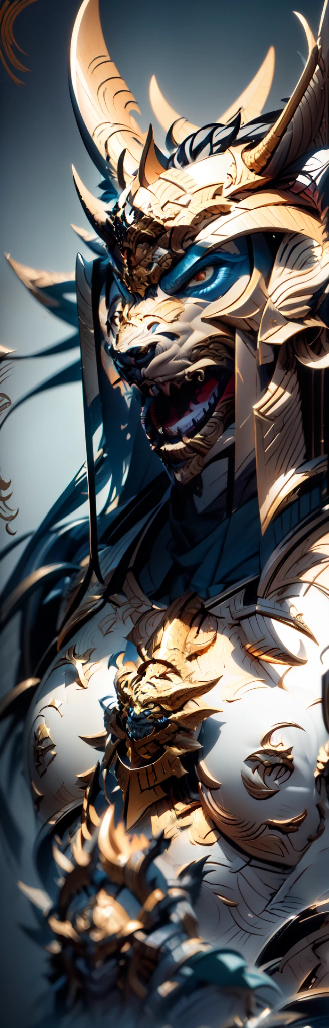 There is a statue of Dogy with horns and horns, overly detailed art, overly detailed art, ultra-detailed game art, demon slayer art style, detailed digital anime art, Onmyoji detailed art, from Overlord, Warwick Saints, crazy details as seen on ArtStation, epic full-color illustrations