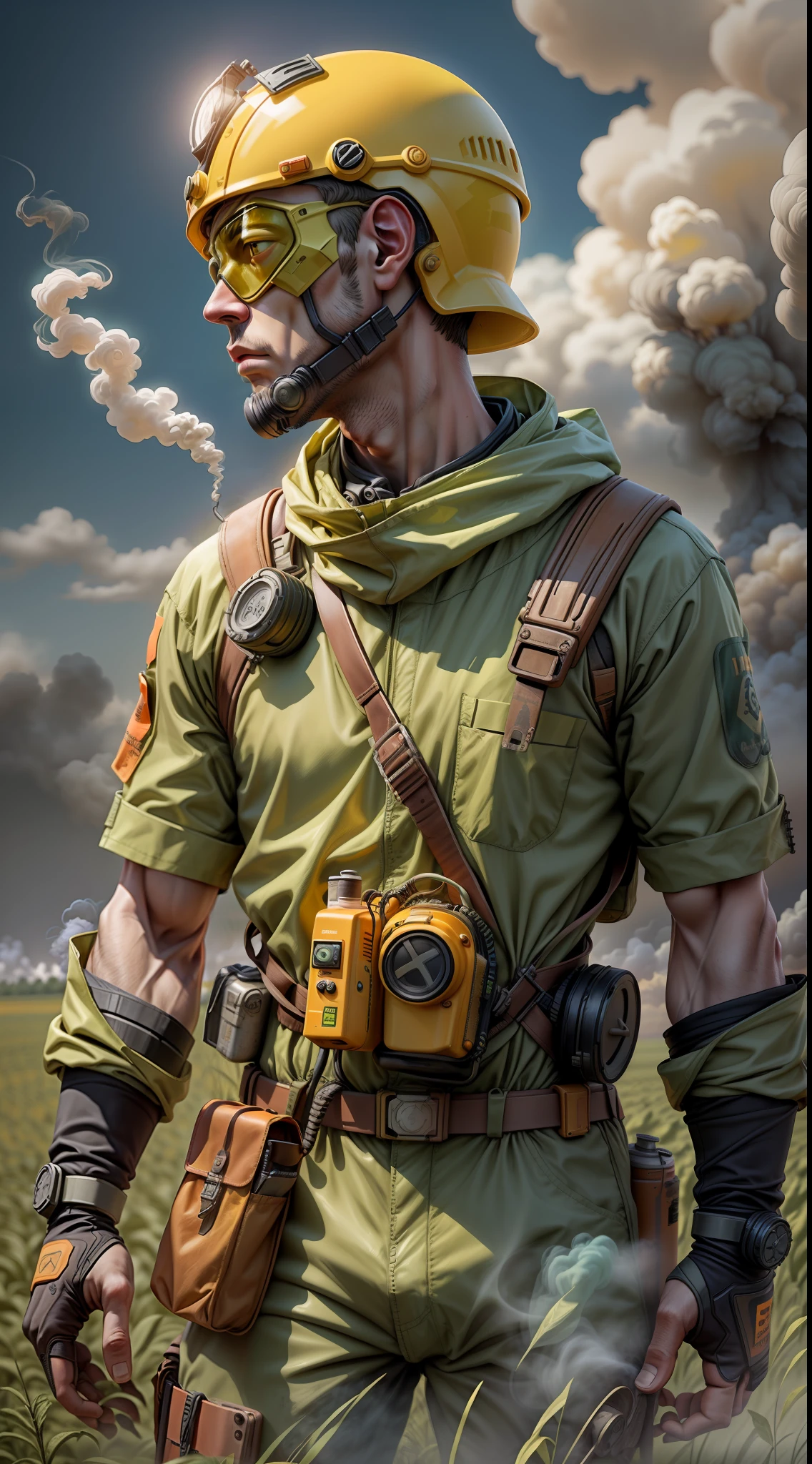 1 man in yellow and orange anti-radioactivity protective clothing in a post-radioactive apocalypse field with green smoke