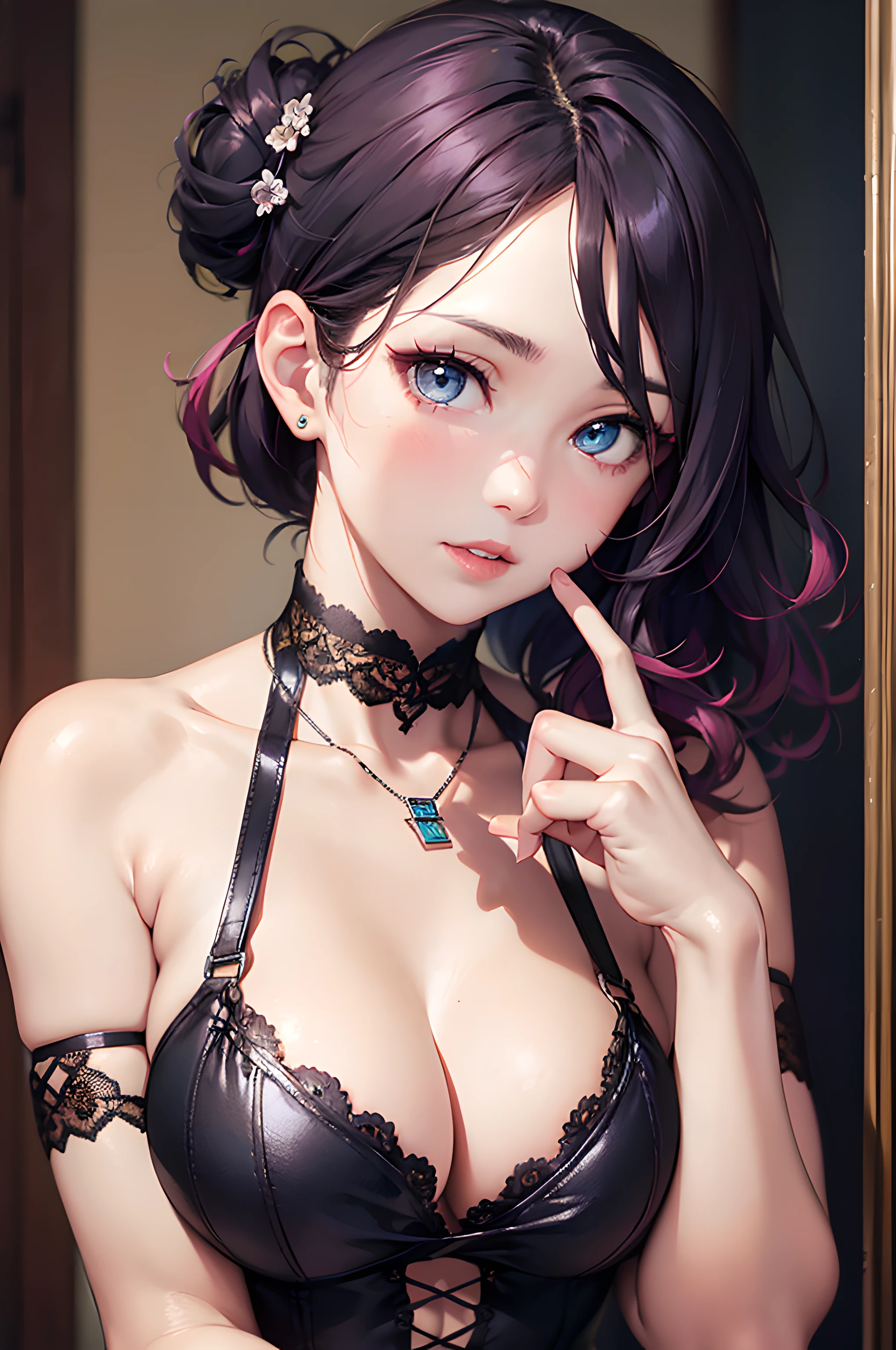 (masterpiece), (portrait), (aesthetic), (beautiful), (upper blody), (high quality), (aesthetic clothings), (professional angle), (rule of thirds), (Feminine), (woman), (female), (beautiful),(feminine features), (21 years), solo, 1 woman, (attractive Any), Spring, (Cherry Blossoms), (Afternoon), (Soft light), (()), (Clutching Hands), ((Looking Down Face)), ((Mysterious)), (Smokey Make-up), (Ample Bust), (Choker with Spike Pendant), ((Medium Hair)), (Violet Hair), (Curly Hair), (Messy Updo hair), (Spiked Hairpin in Hair), (Narrowed Eyes), (Blue Eyes), (Grunge Look), Pale skin, (Lace Trim Clothing), (Corset Top), (Frayed Shorts), (Fishnet Leggings ), (High Neck Neckline), ((Room background)), (Close-up Shot Shot), beautiful hands, two hands, normal hands, two arms, complete hands, beautiful body, beautiful fingers, normal fingers, five fingers, five fingers, beautiful ears, normal ears, beautiful eyes, shiny eyes, beautiful mouth, beautiful lips,