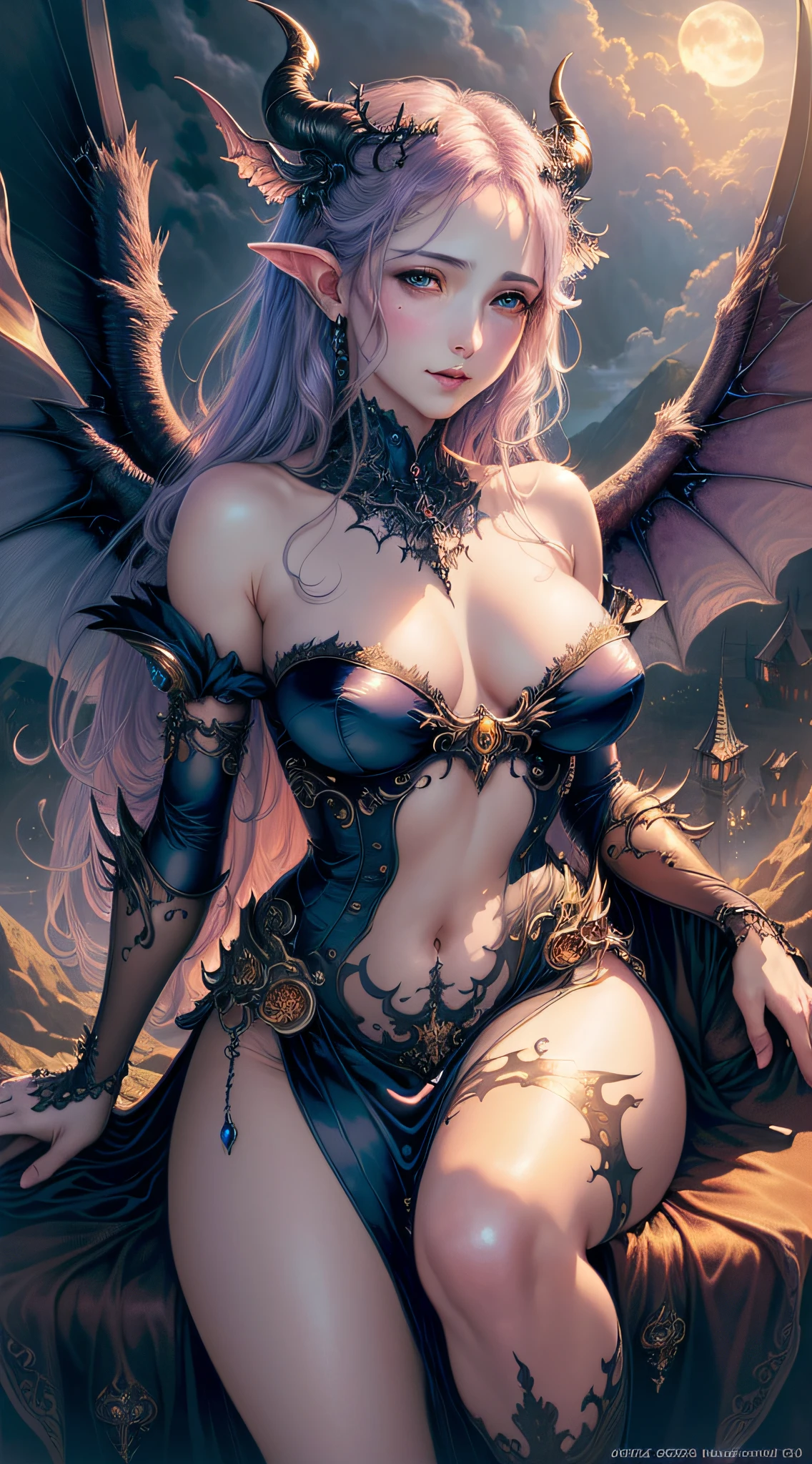 ((best quality)), ((masterpiece)), (detailed), alluring succubus, ethereal beauty, perched on a cloud, (fantasy illustration:1.3), enchanting gaze, captivating pose, delicate wings, otherworldly charm, mystical sky, (Luis Royo:1.2), (Yoshitaka Amano:1.1), moonlit night, soft colors, (detailed cloudscape:1.3), (high-resolution:1.2)