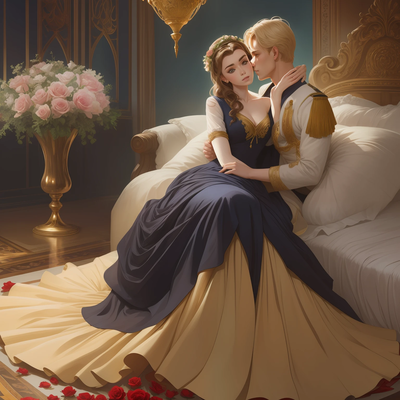 Couple kisses a house and a woman with much affection, the man Neels Visser is a prince who has golden blonde hair, wears a medieval military outfit and is in love with the commoner woman Lily Collins, who has dark curly black hair and wears a red dress, illustration of a romance book cover with a detail, smooth, bright background full of flowers ivy toppings and red roses, castle, ornate dress standing on a bed of roses, edge light, lighting lighting, ethereal lighting, ultra detail, concept art, elegant, surreal, art by Lisa Aisato, Greg Hildebrandt, Citemer Liu, Stjepan Sejic, Samyang, Aykut Aydogdu, Justin Gerard, Alphonse Mucha, Artgerm, WLOP and Greg Rutkowski