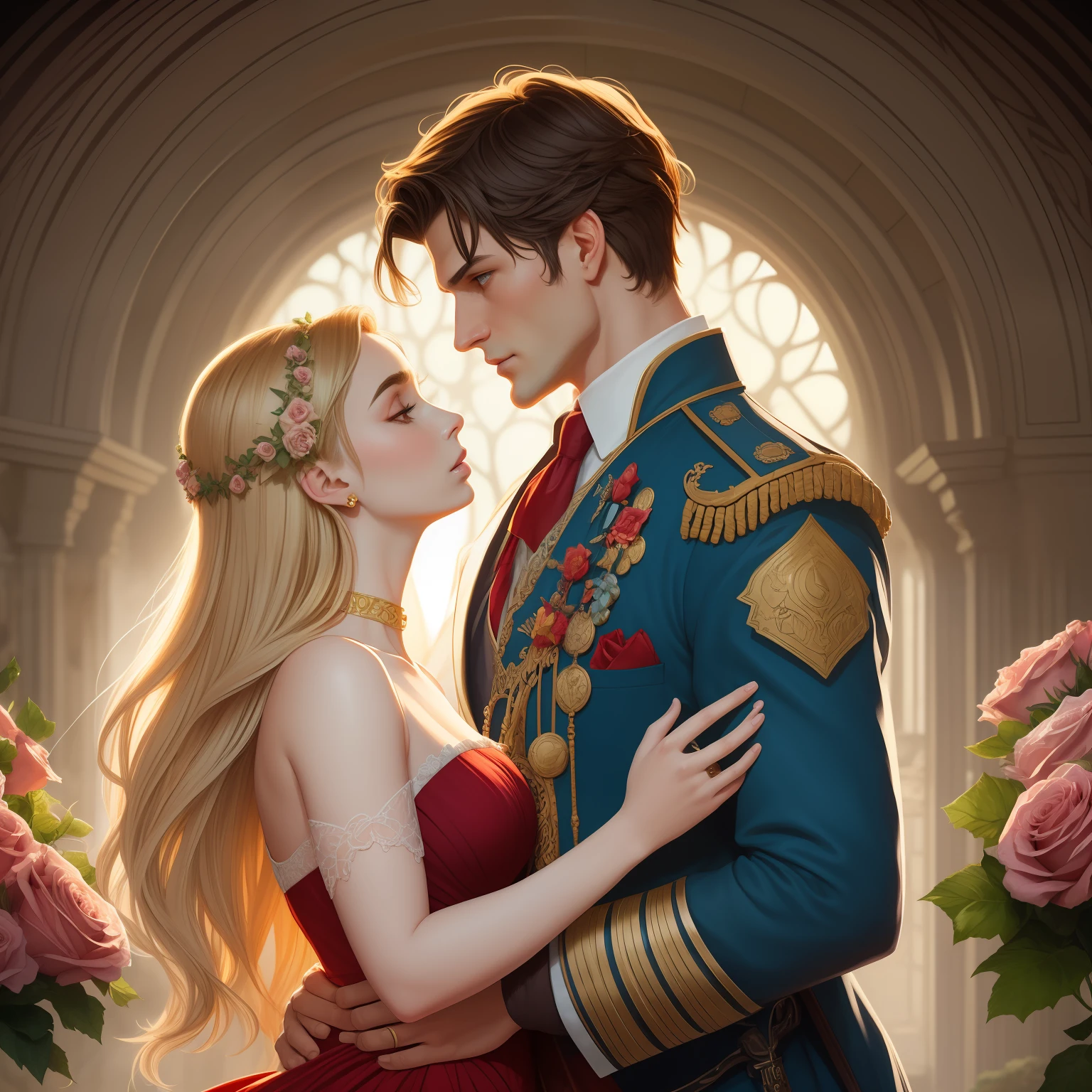 Couple kisses a house and a woman with much affection, the man Neels Visser is a prince who has golden blonde hair, wears a medieval military outfit and is in love with the commoner woman Lily Collins, who has dark curly black hair and wears a red dress, illustration of a romance book cover with a detail, smooth, bright background full of flowers ivy toppings and red roses, castle, ornate dress standing on a bed of roses, edge light, lighting lighting, ethereal lighting, ultra detail, concept art, elegant, surreal, art by Lisa Aisato, Greg Hildebrandt, Citemer Liu, Stjepan Sejic, Samyang, Aykut Aydogdu, Justin Gerard, Alphonse Mucha, Artgerm, WLOP and Greg Rutkowski