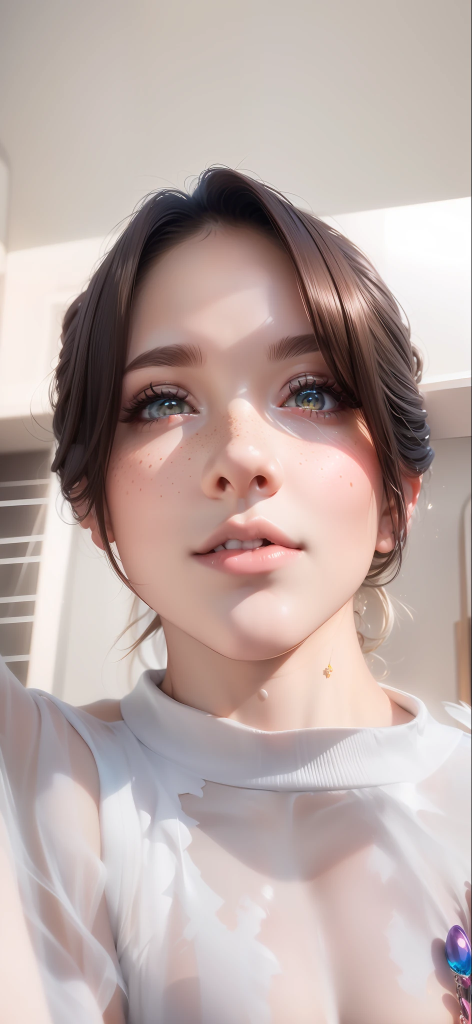 ((ultra detailed)),((Bright eyes)), (Detailed eyes) , 8k, blink blink, (The Little Faux Freckles Makeupgirl), ((realistic skin)), ((focus detailed 2 straps on the shoulders of dress)) , ((shiny facial skin)), with colorful hair and a colorful dress, rossdraws pastel vibrant, rossdraws cartoon vibrant, style anime 8k, beautiful portrait, artgerm colorful!!!, ! dream artgerm, beautiful anime girl, styled digital art, art wallpaper 8k, digital art, extremely detailed artgerm,
