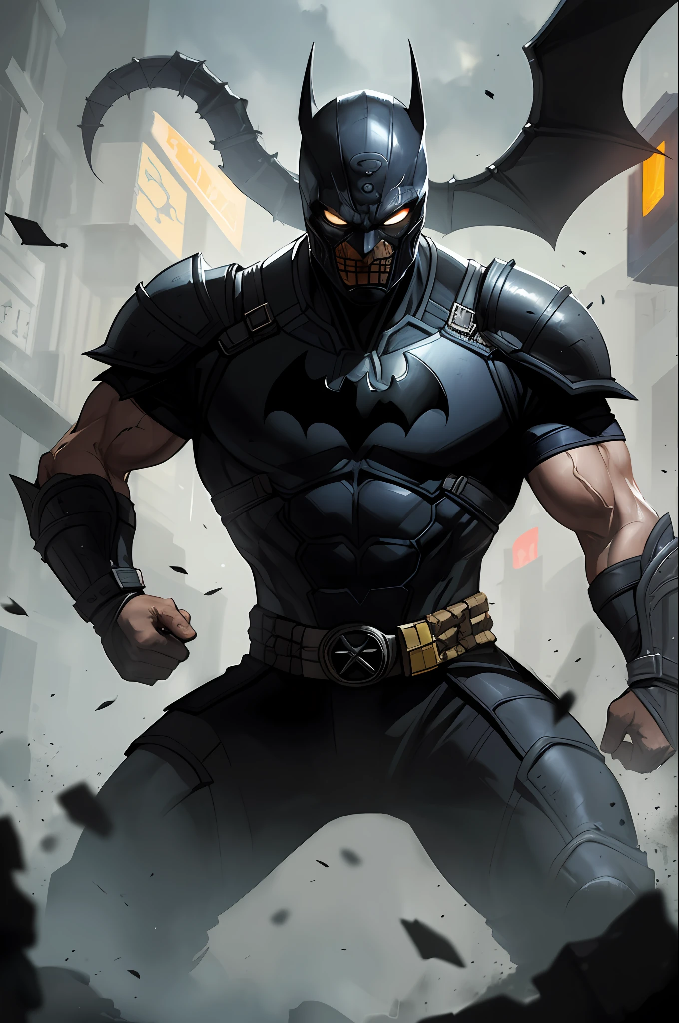 mortal kombat scorpion, detailed white eyes, bladk and gray armor, Batman mask, veins on his arm, intricate, high detail, sharp focus, dramatic and photorealistic painting art by greg rutkowski, action scene: fight of the game Mortal Kombat in Tokyo.
