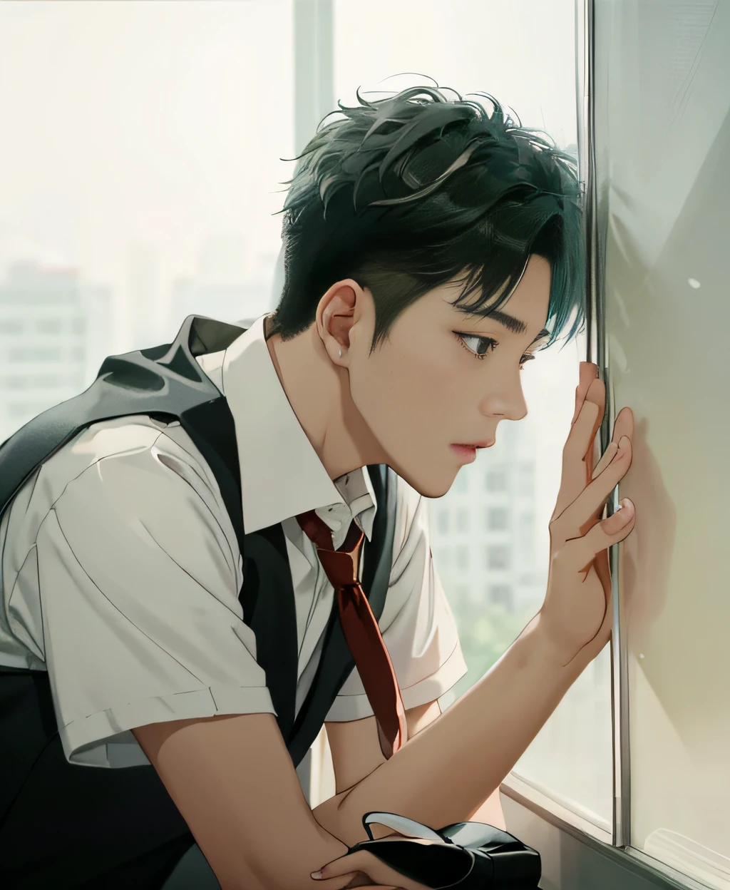 there is a young man in a white shirt and red tie looking out a window, cai xukun, boy staring at the window, wearing japanese school uniform, xue han, inspired by Ding Yunpeng, xiang duan, xintong chen, ryan jia, yihao ren, thoughtful ), jinyiwei, nanquan, with a sad expression