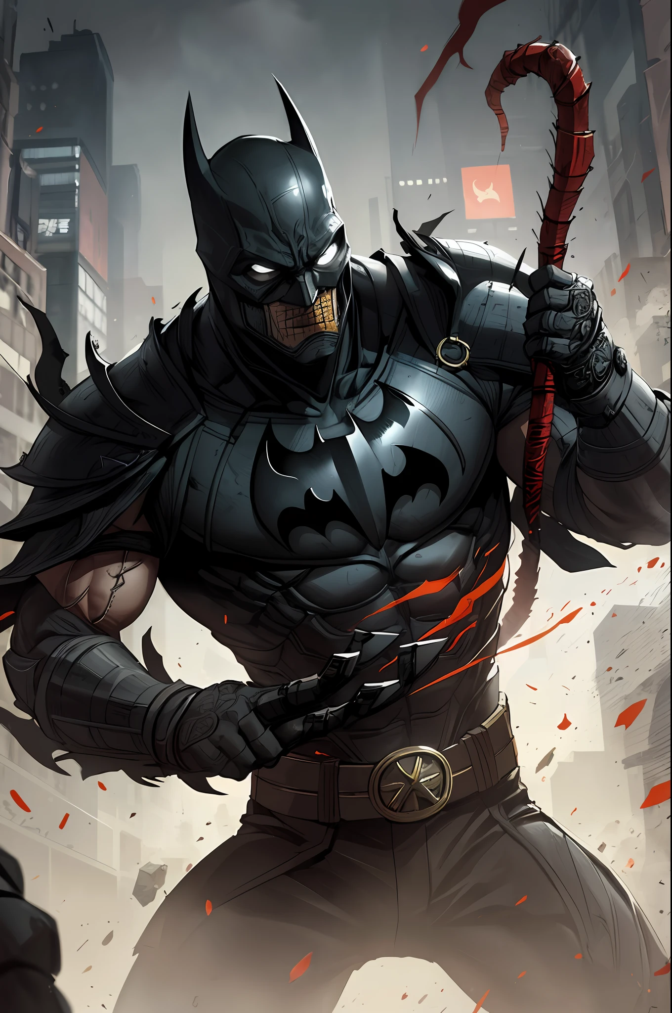 mortal kombat scorpion, detailed white eyes, bladk and gray armor, Batman mask, veins on his arm, intricate, high detail, sharp focus, dramatic and photorealistic painting art by greg rutkowski, action scene: fight of the game Mortal Kombat in Tokyo.