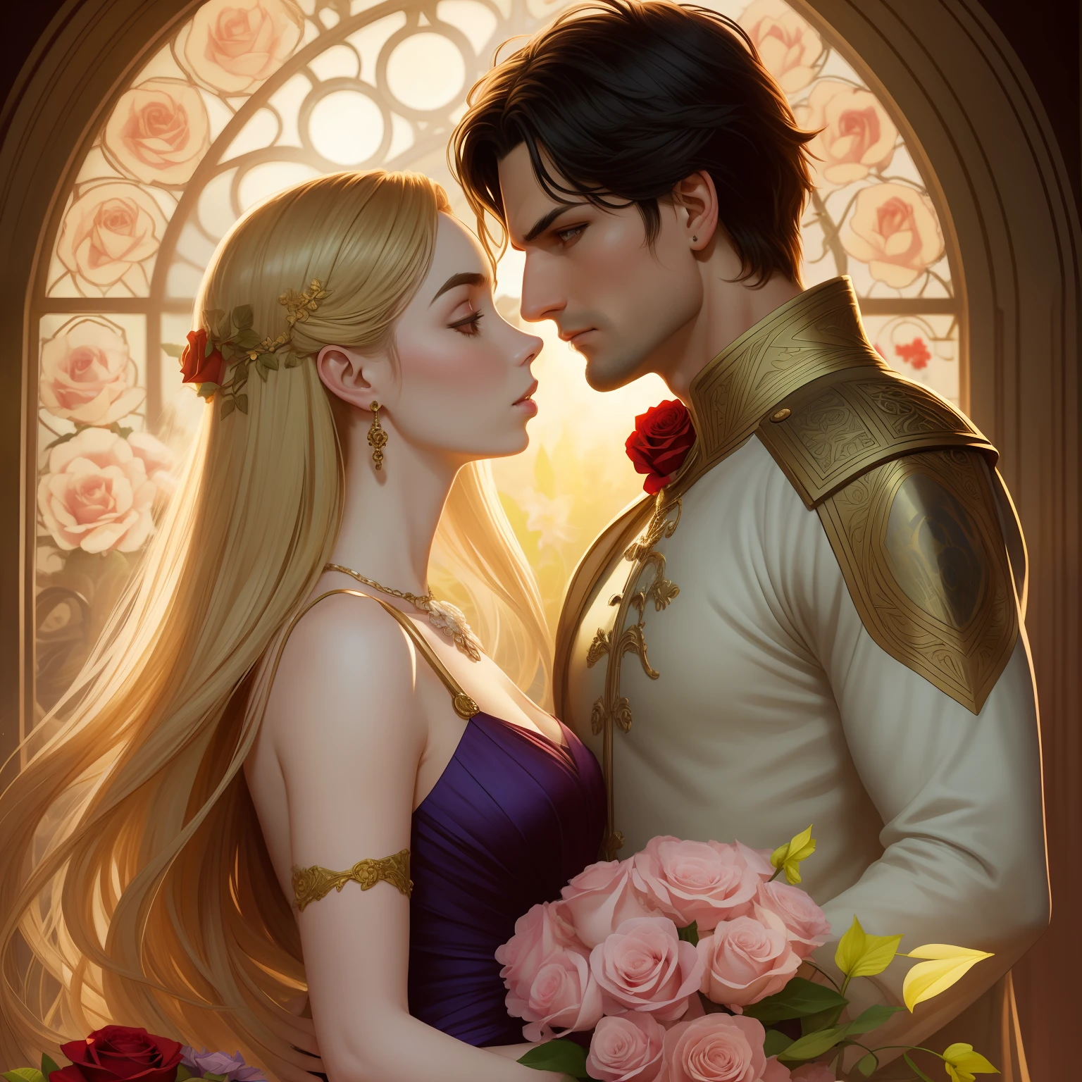 Couple kisses a house and a woman with much affection, the man Neels Visser is a prince who has golden blonde hair, wears a medieval military outfit and is in love with the commoner woman Lily Collins, who has dark curly black hair and wears a red dress, illustration of a romance book cover with a detail, smooth, bright background full of flowers ivy toppings and red roses, castle, ornate dress standing on a bed of roses, edge light, lighting lighting, ethereal lighting, ultra detail, concept art, elegant, surreal, art by Lisa Aisato, Greg Hildebrandt, Citemer Liu, Stjepan Sejic, Samyang, Aykut Aydogdu, Justin Gerard, Alphonse Mucha, Artgerm, WLOP and Greg Rutkowski