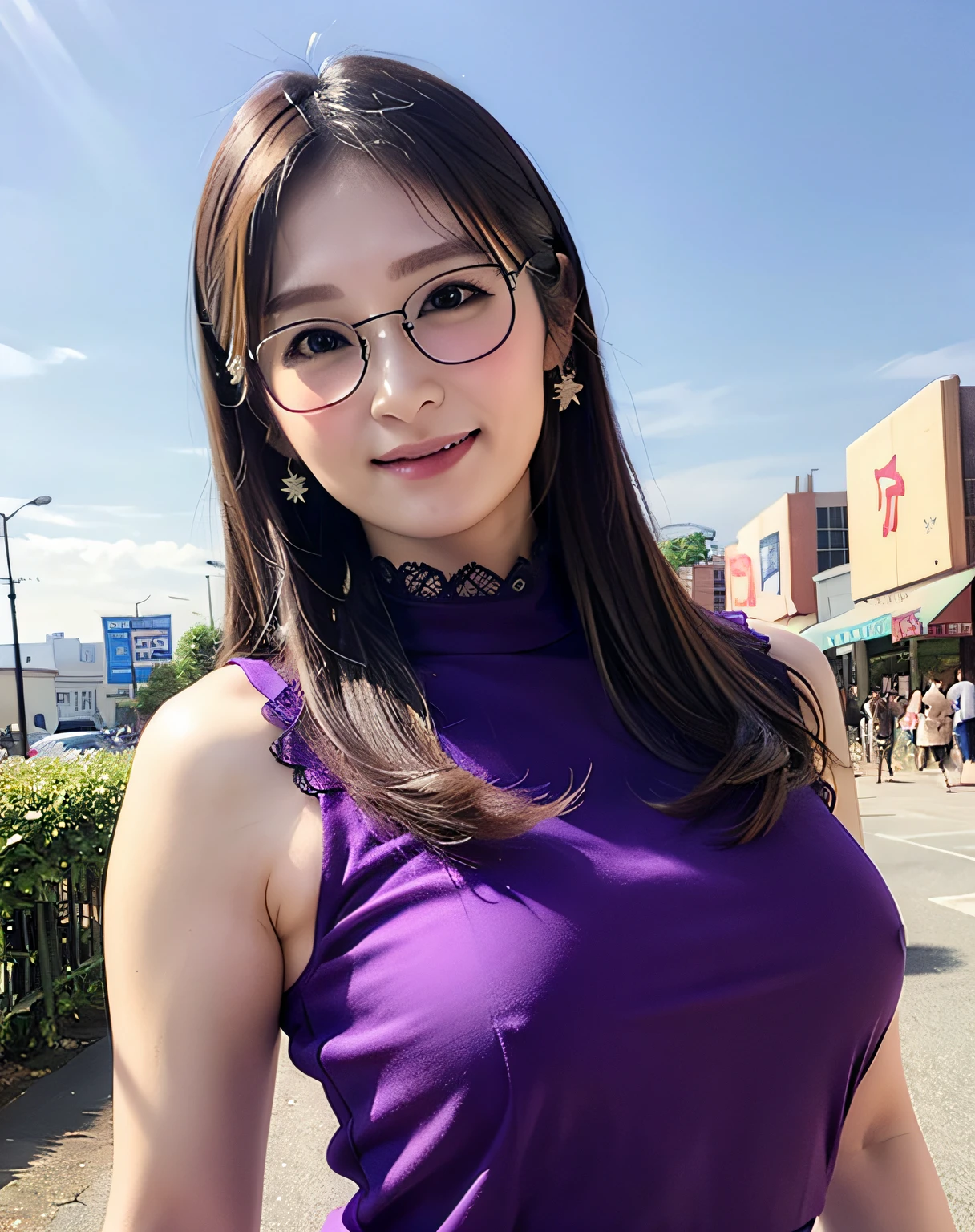 a woman posing on the street corner with light purple dress on with glasses on, best quality, high res, 8k, 1girl, (huge breasts), day, bright, outdoor, (street:0.8), (people, crowds:1), (lace-trimmed dress:1.5, purple clothes:1.5, purple high-neck dress:1.5, sleeveless dress, light purple cloths 1.5), gorgeous, (glasses, forehead, long hair), beautiful detailed sky, beautiful earrings, (dynamic pose:0.8), (upper body:1.2), soft lighting, wind, shiny skin, looking at viewer, smile, closed mouth,