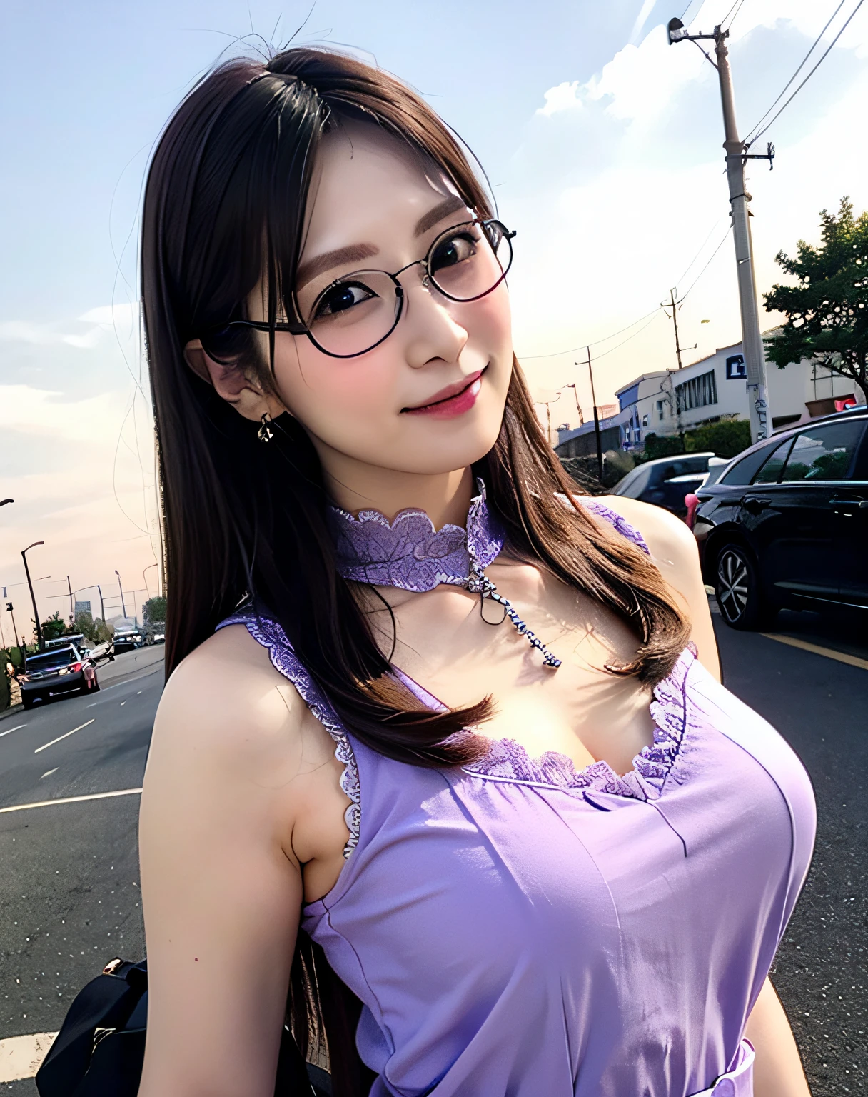 a woman posing on the street corner with light purple dress on with glasses on, best quality, high res, 8k, 1girl, (huge breasts), day, bright, outdoor, (street:0.8), (people, crowds:1), (lace-trimmed dress:1.5, purple clothes:1.5, purple high-neck dress:1.5, sleeveless dress, light purple cloths 1.5), gorgeous, (glasses, forehead, long hair), beautiful detailed sky, beautiful earrings, (dynamic pose:0.8), (upper body:1.2), soft lighting, wind, shiny skin, looking at viewer, smile, closed mouth,