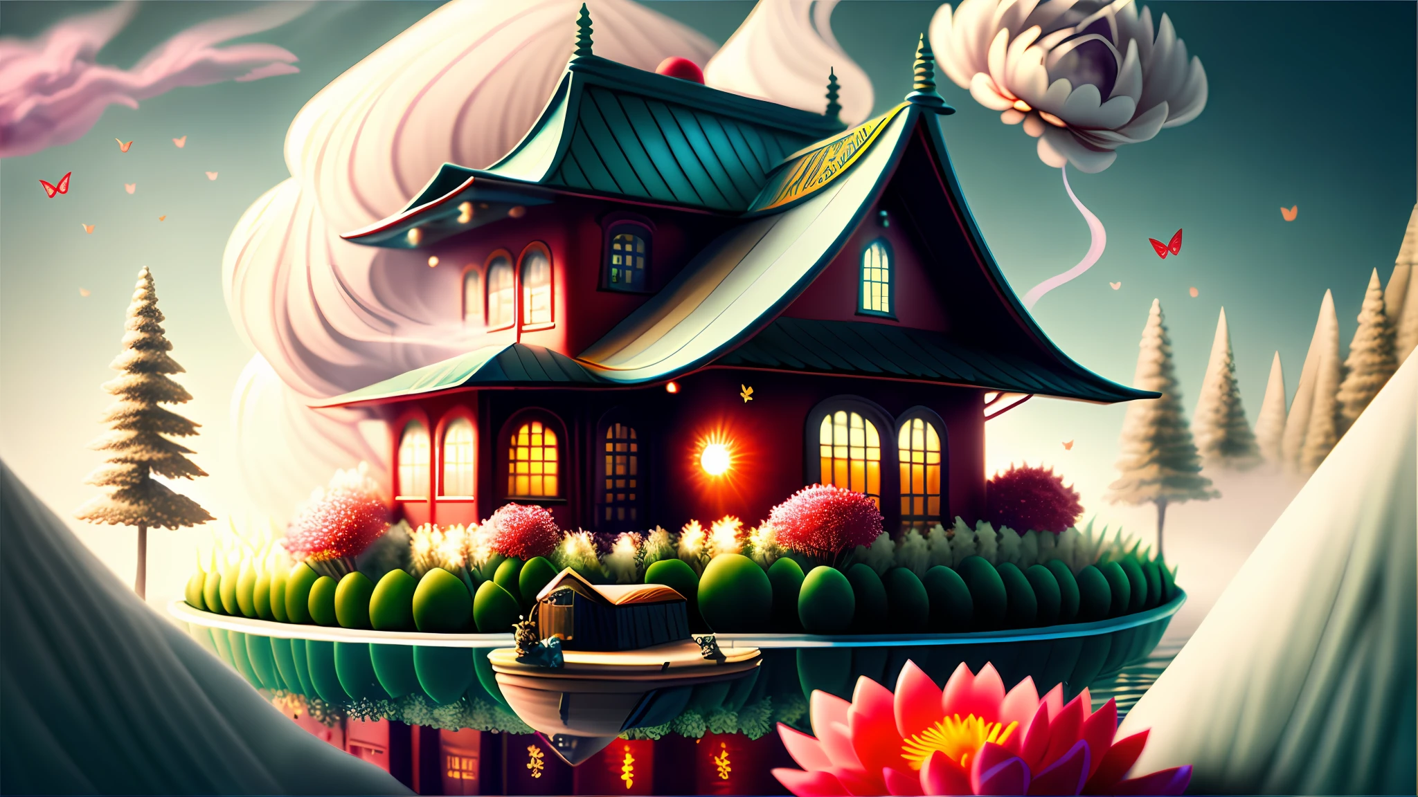 _shuimo_ landscape dreamlikeart, 3d render of,(masterpiece), (extremely detailed CG unity 8k wallpaper), sharp male focus,
in the morning, Red sun, The white clouds,
castle peak, cedar, guest-greeting pine, welcoming pine, pines,
waterfall, The flow of water,
cranes, water birds,
crane, dragon, kirin,
lake, river, the mist,
bridge, the small pavilion, he small attic,
boats,
lotus lotus, leaf, water lily,
Swimming carp, jumping carp,
Peony, bamboo, the plum blossom, The magpies, orchid, chrysanthemum, butterfly,
Windows,
noise reduction, Detail Painting Luki, CG Social Contest winner, Fantasy Art, Voluminous VFX smoke, photo via 5000000px, tetrachromatic, Dipping Gold Powder Gloss Glaze,godlike, dreamlike, octane render global illumination, UHDR, symmetrical artwork,Tyndall light effect.popular on ArtStation, popular on Pixiv,popular on deviantart.