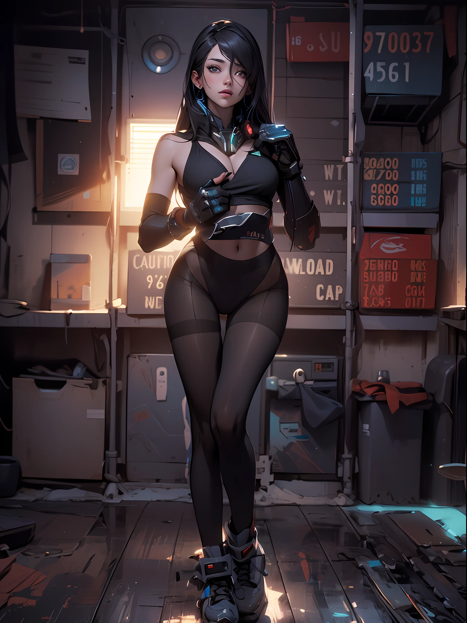 ((Best quality)), ((masterpiece)), (detailed: 1.4),Caucasian girl with 2-piece outfit, slim physique, collarbone and neck tattoo, full-length, beautiful figure, cyberpunk bikini, black clothing items with colorful graphics, red boots, 3/4 sock, cyberpunk style, super detailed, inside a container, Nji —V5, pastel, HDR (High Dynamic Range),Ray Tracing,NVIDIA RTX,Super-Resolution,Unreal 5, Subsurface Dispersion, PBR Texture, Post-processing, Anisotropic Filtering, Depth of Field, Maximum Clarity and Sharpness, Multilayer Textures, Albedo and Specular Maps, Surface Shading, Accurate Simulation of Light-Material Interaction, Perfect Proportions, Octane Render, Two-Tone Lighting, Wide Aperture, Low ISO, White Balance, Rule of Thirds, 8K RAW