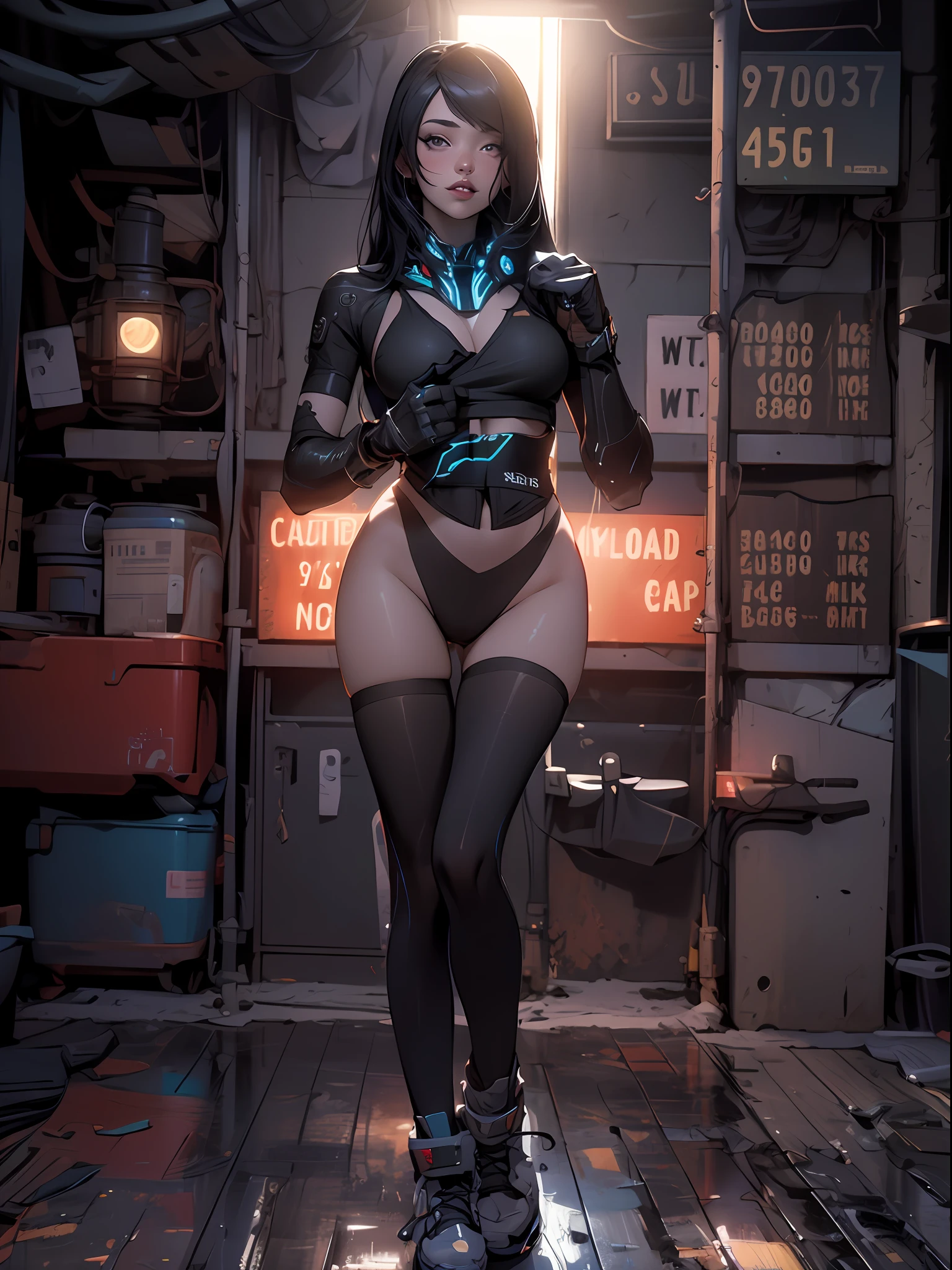 ((Best quality)), ((masterpiece)), (detailed: 1.4),Caucasian girl with 2-piece outfit, slim physique, collarbone and neck tattoo, full-length, beautiful figure, cyberpunk bikini, black clothing items with colorful graphics, red boots, 3/4 sock, cyberpunk style, super detailed, inside a container, Nji —V5, pastel, HDR (High Dynamic Range),Ray Tracing,NVIDIA RTX,Super-Resolution,Unreal 5, Subsurface Dispersion, PBR Texture, Post-processing, Anisotropic Filtering, Depth of Field, Maximum Clarity and Sharpness, Multilayer Textures, Albedo and Specular Maps, Surface Shading, Accurate Simulation of Light-Material Interaction, Perfect Proportions, Octane Render, Two-Tone Lighting, Wide Aperture, Low ISO, White Balance, Rule of Thirds, 8K RAW