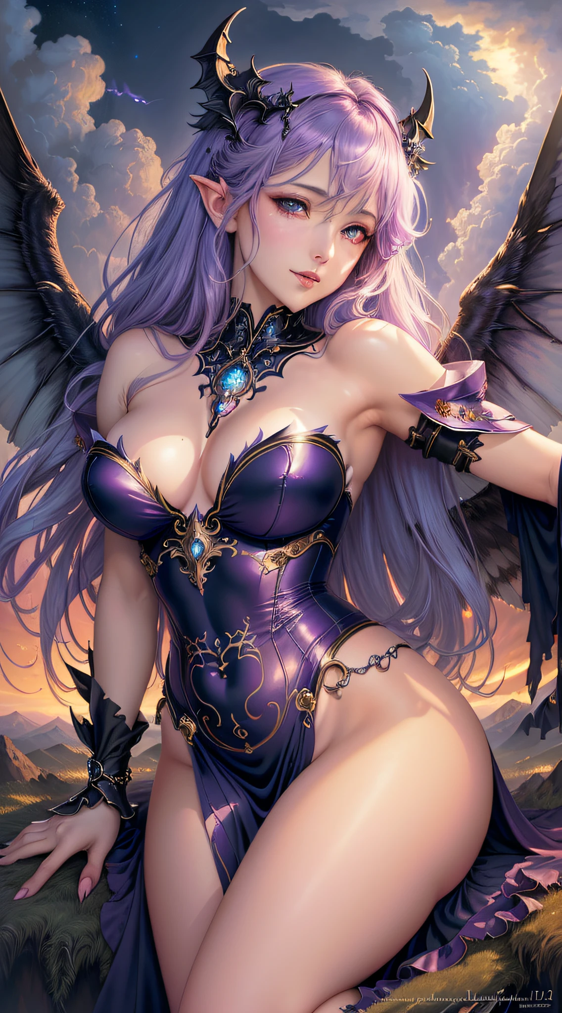 ((best quality)), ((masterpiece)), (detailed),Iris Heart Plutia, seductive succubus, ethereal beauty, perched on a cloud, (fantasy illustration: 1.3), enchanting look, captivating pose, delicate wings, supernatural charm, mystical sky, (Luis Royo:1.2), (Yoshitaka Amano:1.1), moonlit night, soft colors, (detailed cloud landscape:1.3), (high resolution:1.2)