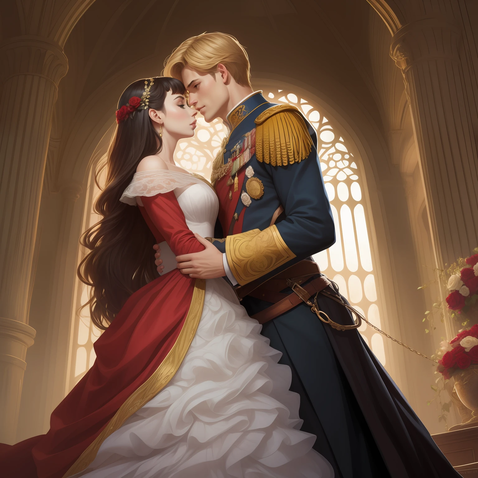 Couple kisses a house and a woman with much affection, the man Neels Visser is a prince who has golden blonde hair, wears a medieval military outfit and is in love with the commoner woman Lily Collins, who has dark curly black hair and wears a red dress, illustration of a romance book cover with a detail,  smooth, bright background full of flowers ivy toppings and red roses, castle, ornate dress standing on a bed of roses, edge light, lighting lighting, ethereal lighting, ultra detail, concept art, elegant, surreal, art by Lisa Aisato, Greg Hildebrandt, Citemer Liu, Stjepan Sejic, Samyang, Aykut Aydogdu, Justin Gerard, Alphonse Mucha, Artgerm, WLOP and Greg Rutkowski
