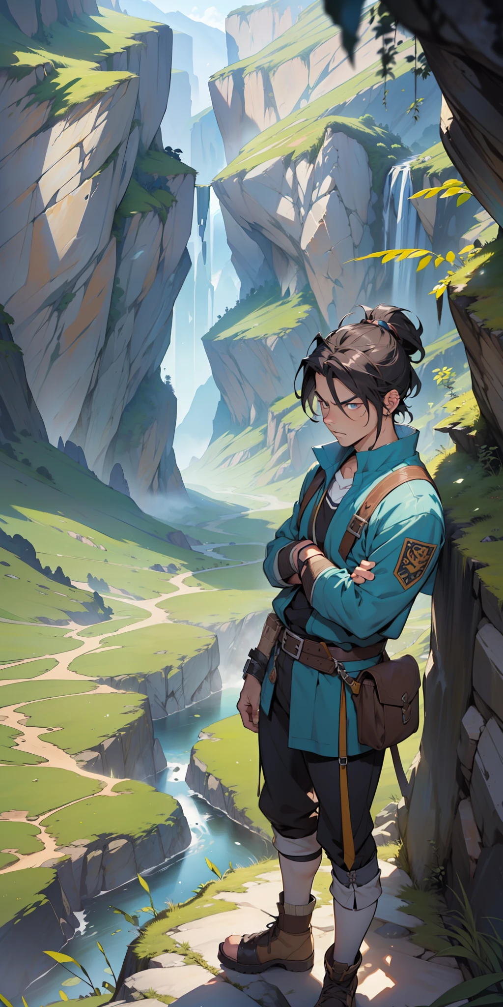 ((masterpiece)), ((manga)), ((Solo Leveling)), ((male character)), ((modern visual style)), ((guy)), ((man)), (( eyes)), eyebrow, ((ear)), ((serious expression)), short messy hair, ((adventurer outfit)), (arms), (legs), standing, ((background scenery)), ((in the mountains)), ((details in the cave)), ((isekai world))