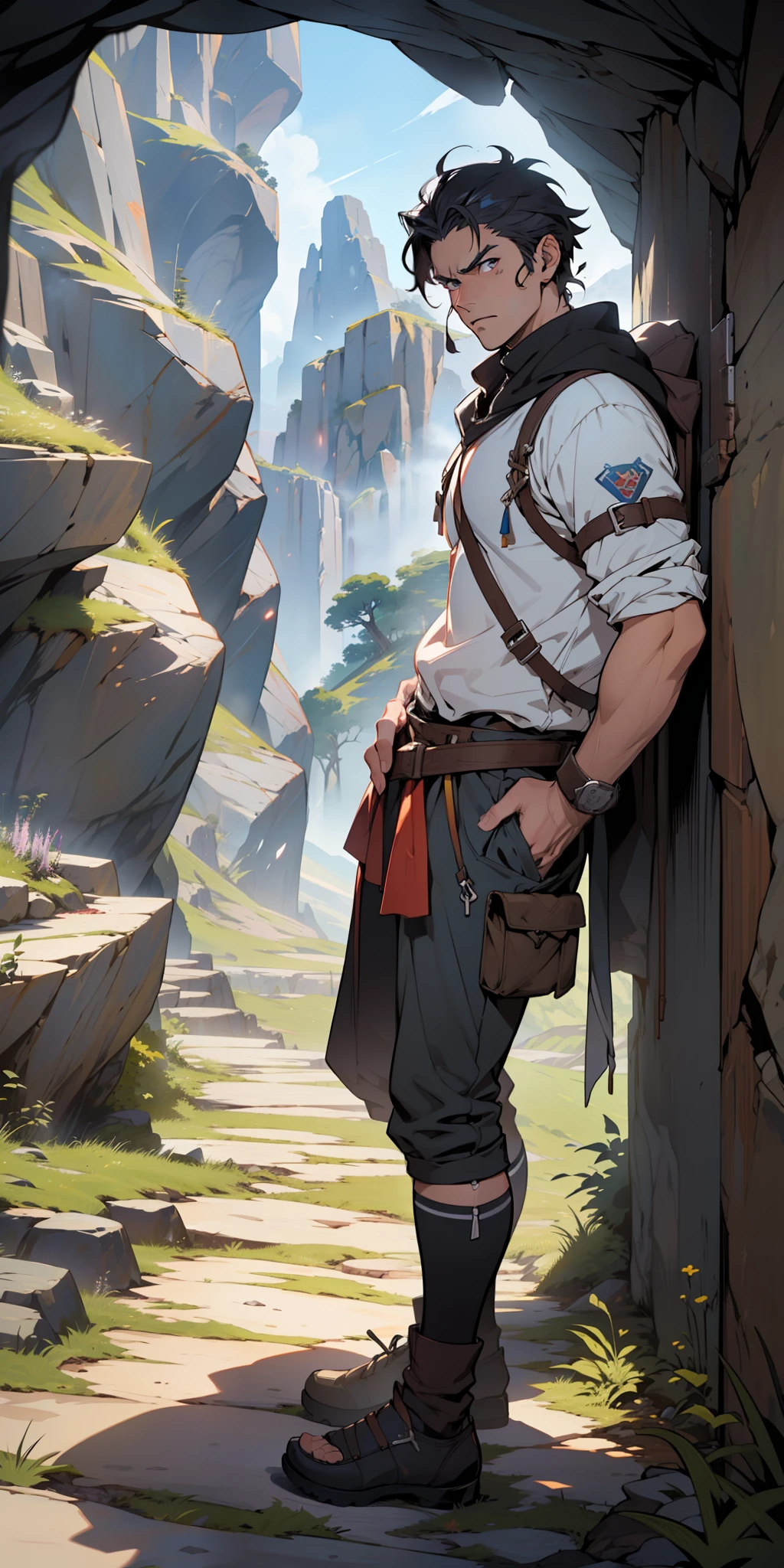 ((masterpiece)), ((manga)), ((Solo Leveling)), ((male character)), ((modern visual style)), ((guy)), ((man)), (( eyes)), eyebrow, ((ear)), ((serious expression)), short messy hair, ((adventurer outfit)), (arms), (legs), standing, ((background scenery)), ((in the mountains)), ((details in the cave)), ((isekai world))