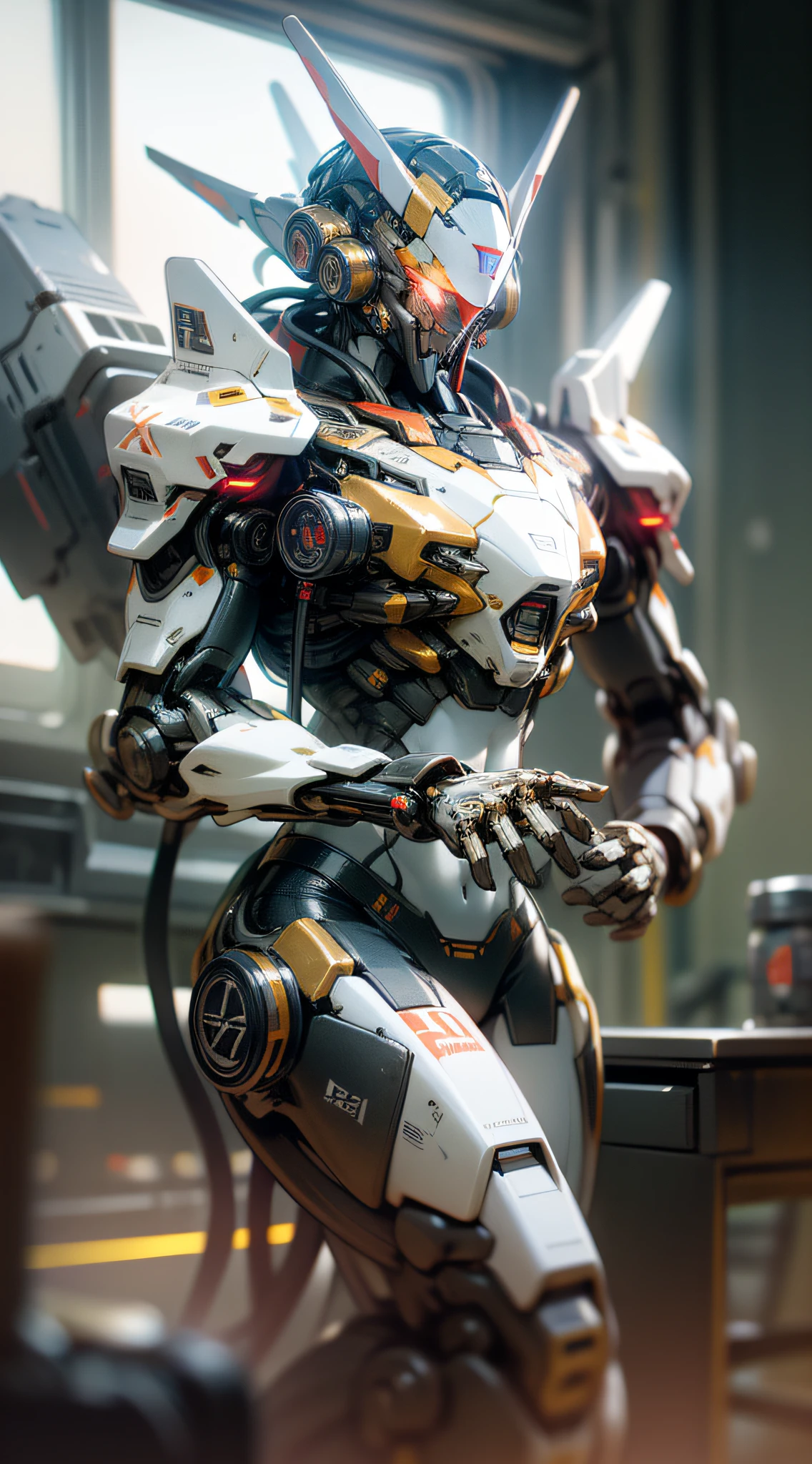 Portrait, Complex and intricate mecha robot with black ceramic and gold parts colors and materials, with many advanced engineering parts, extremely complex head with slit eyes and red power leds, sophisticated cover, sitting on high-tech chair like a god king, Ultra HD, super realistic, high definition, highly detailed, very high quality, photo full frontal taken with Sony a7R camera, DSLR lens, trending on artstation, mecha robot, redshift rendering, cinematic, elegant, hyperrealistic, octane rendering, unrealistic, Cinematography, Variety of textures in armour,((masterpiece, best quality)),illustration,ultra detailed 8k,photorealistic,sharp focus,highly detailed,professional lighting,colorful details,iridescent colors BREAK extreme long shot of a factory,large mechanical robot construction,microchip,computer,glowing,intricate details,shitu-mecha,Navel, Mechanical Ji, full dark room, no windows, indirect lights, depht-of-field, bokeh, (frontlighting:1.2), (backlighting:0.75), (fill light:0.9), bloom, chromatic aberration, (lens flare:1.2),