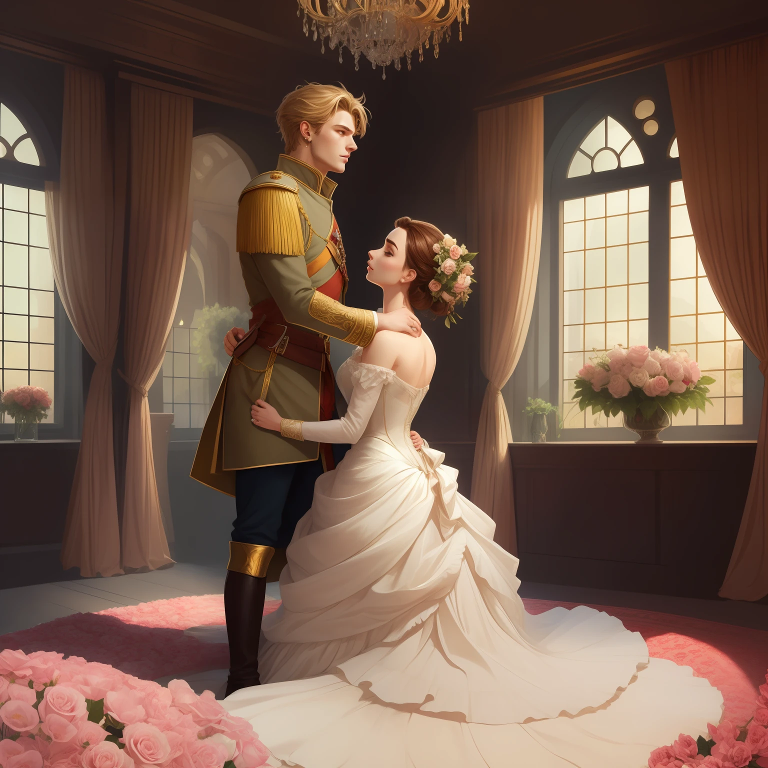 Couple kisses a house and a woman with much affection, the man Neels Visser is a prince who has golden blonde hair, wears a medieval military outfit and is in love with the commoner woman Lily Collins, who has dark curly black hair and wears a red dress, illustration of a romance book cover with a detail,  smooth, bright background full of flowers ivy toppings and red roses, castle, ornate dress standing on a bed of roses, edge light, lighting lighting, ethereal lighting, ultra detail, concept art, elegant, surreal, art by Lisa Aisato, Greg Hildebrandt, Citemer Liu, Stjepan Sejic, Samyang, Aykut Aydogdu, Justin Gerard, Alphonse Mucha, Artgerm, WLOP and Greg Rutkowski