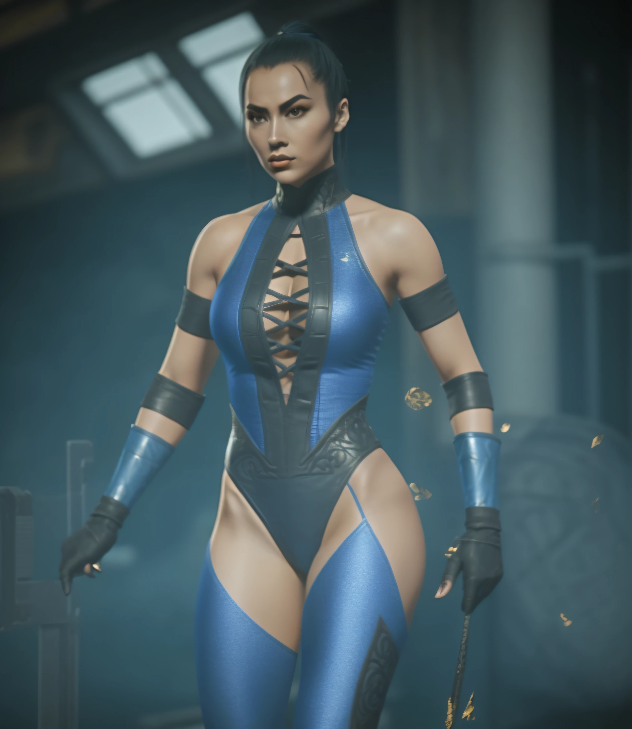 Kitana from Mortal Kombat, in blue and black high cut leotard, blue and black leggings, photo realistic, intricate details