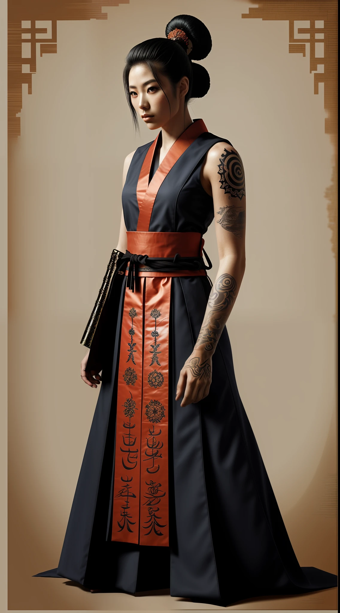 "Retrofuturistic, a skilled samurai woman adorned with intricate tattoos, oriental forms background."