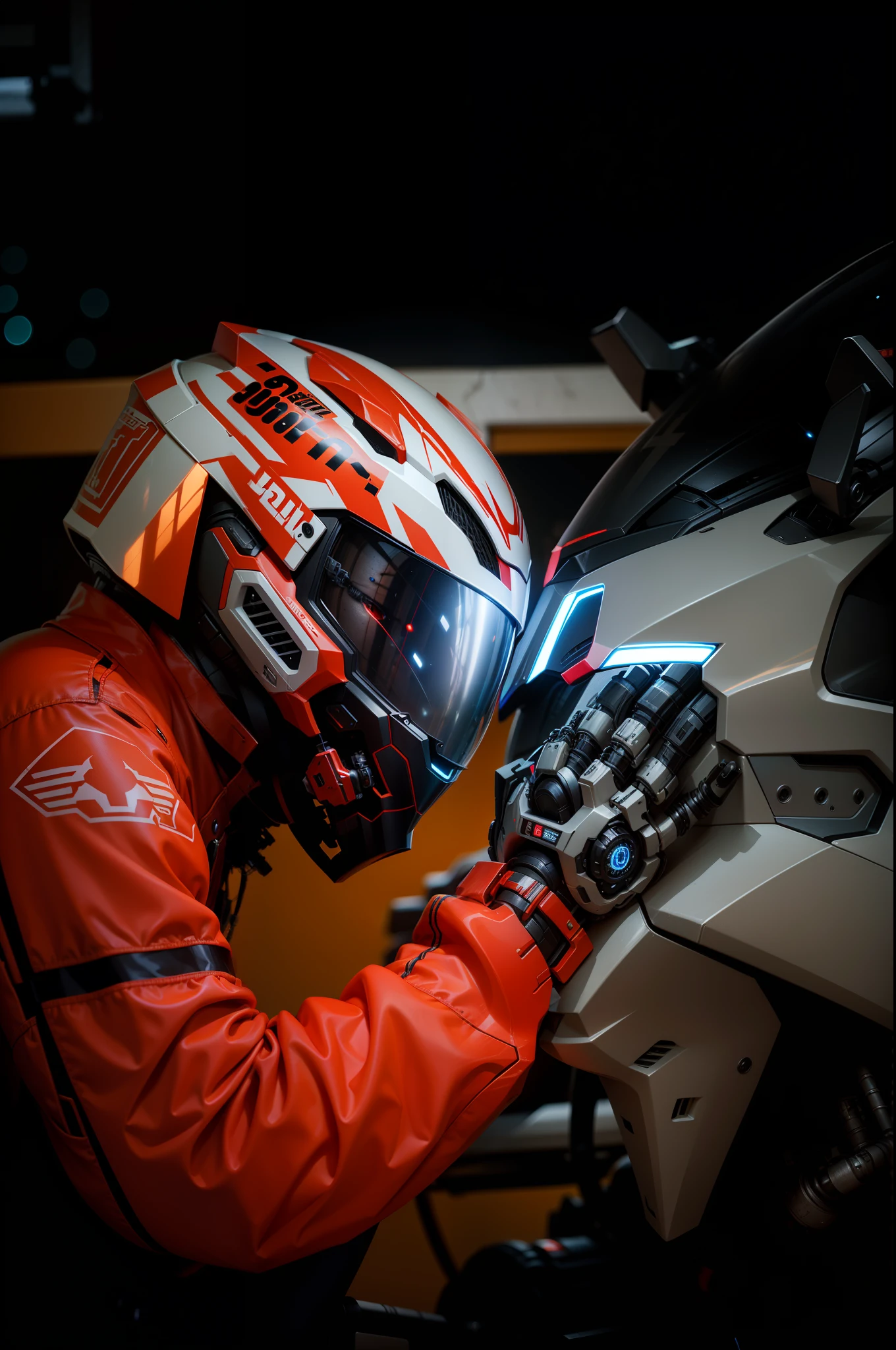 Handsome full body red mech white short hair cyber handsome warrior, white cyber mechanical motorcycle, high-tech black full surround helmet, white short hair, Nousr, biomechanics, MSHN robot man, high-tech helmet, surreal, steel, intricate design, crazy details, fine details, extremely clear lines, cinematic lighting, photo realism, detailed masterpiece