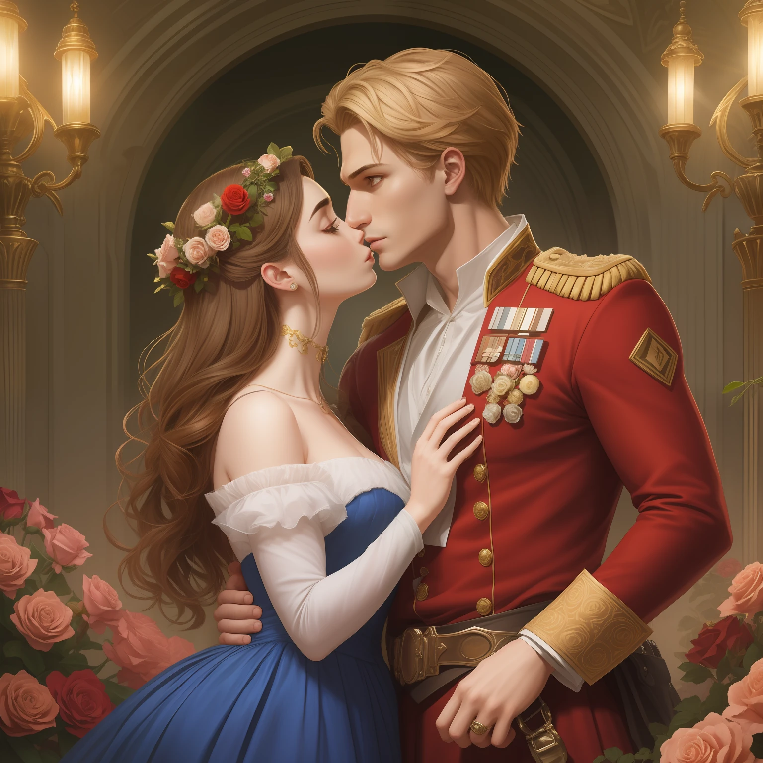 Couple kisses a house and a woman with much affection, the man Neels Visser is a prince who has golden blonde hair, wears a medieval military outfit and is in love with the commoner woman Lily Collins, who has dark curly black hair and wears a red dress, illustration of a romance book cover with a detail, smooth, bright background full of flowers ivy toppings and red roses, castle, ornate dress standing on a bed of roses, edge light, lighting lighting, ethereal lighting, ultra detail, concept art, elegant, surreal, art by Lisa Aisato, Greg Hildebrandt, Citemer Liu, Stjepan Sejic, Samyang, Aykut Aydogdu, Justin Gerard, Alphonse Mucha, Artgerm, WLOP and Greg Rutkowski
