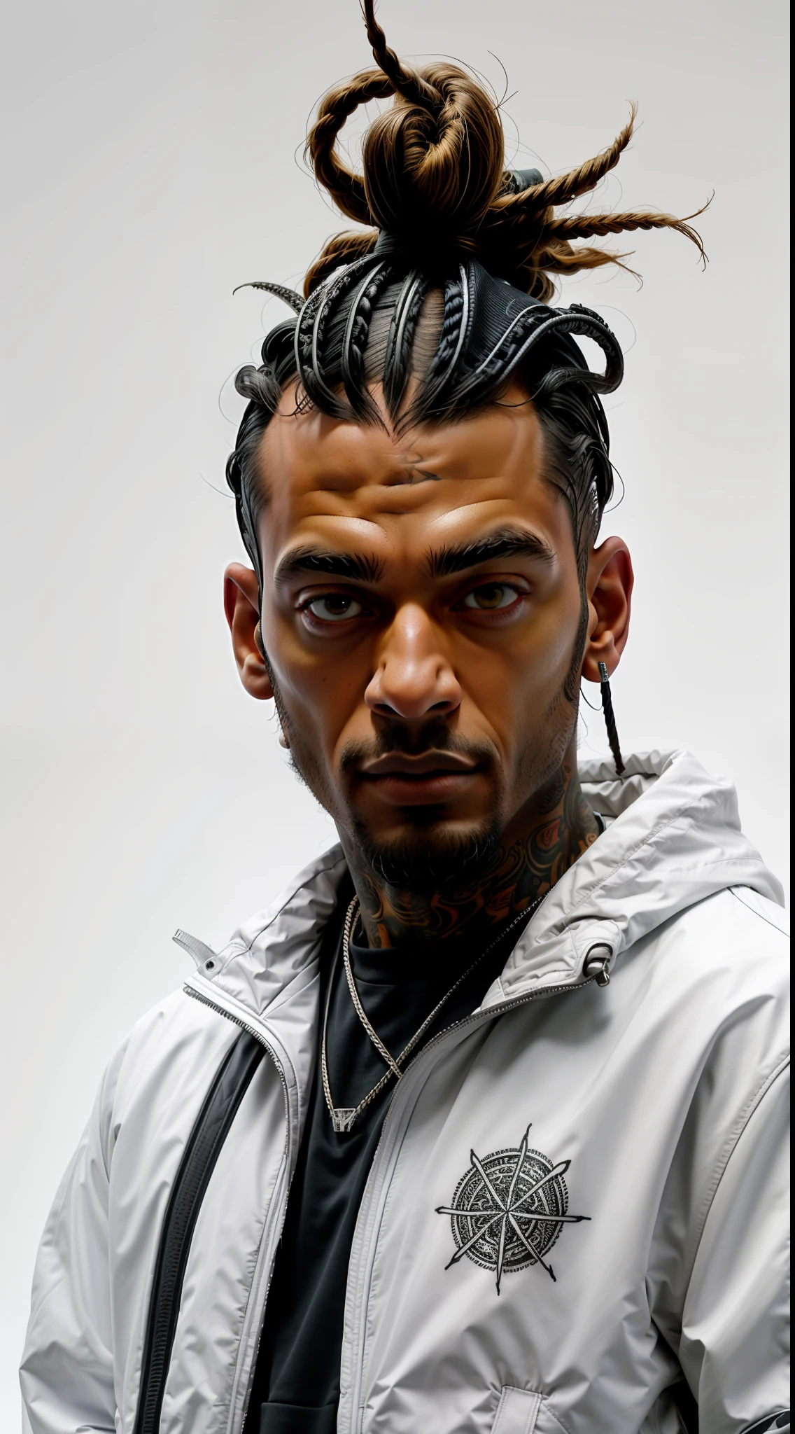 1rapper with tattoos, white techwear jacket, dreads hair, abstract forms on background