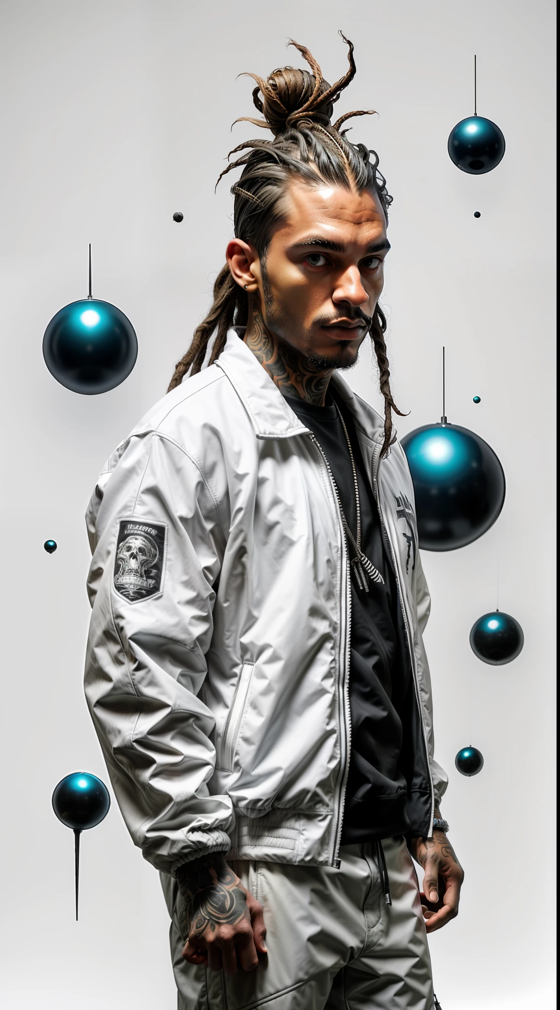 1rapper with tattoos, white techwear jacket, dreads hair, abstract forms on background