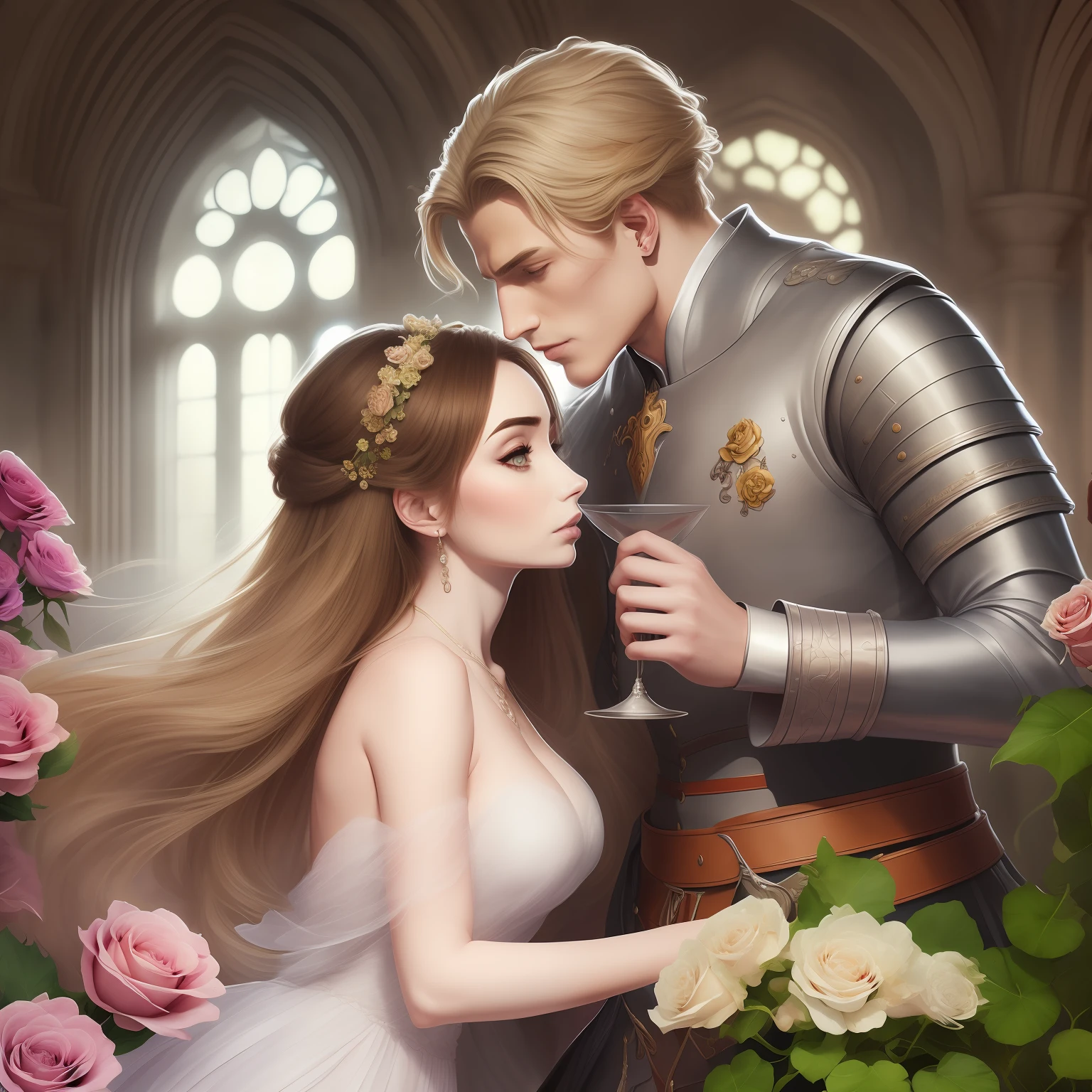 Couple kisses a house and a woman with much affection, the man Neels Visser is a prince who has golden blonde hair, wears a medieval military outfit and is in love with the commoner woman Lily Collins, who has dark curly black hair and wears a red dress, illustration of a romance book cover with a detail,  smooth, bright background full of flowers ivy toppings and red roses, castle, ornate dress standing on a bed of roses, edge light, lighting lighting, ethereal lighting, ultra detail, concept art, elegant, surreal, art by Lisa Aisato, Greg Hildebrandt, Citemer Liu, Stjepan Sejic, Samyang, Aykut Aydogdu, Justin Gerard, Alphonse Mucha, Artgerm, WLOP and Greg Rutkowski