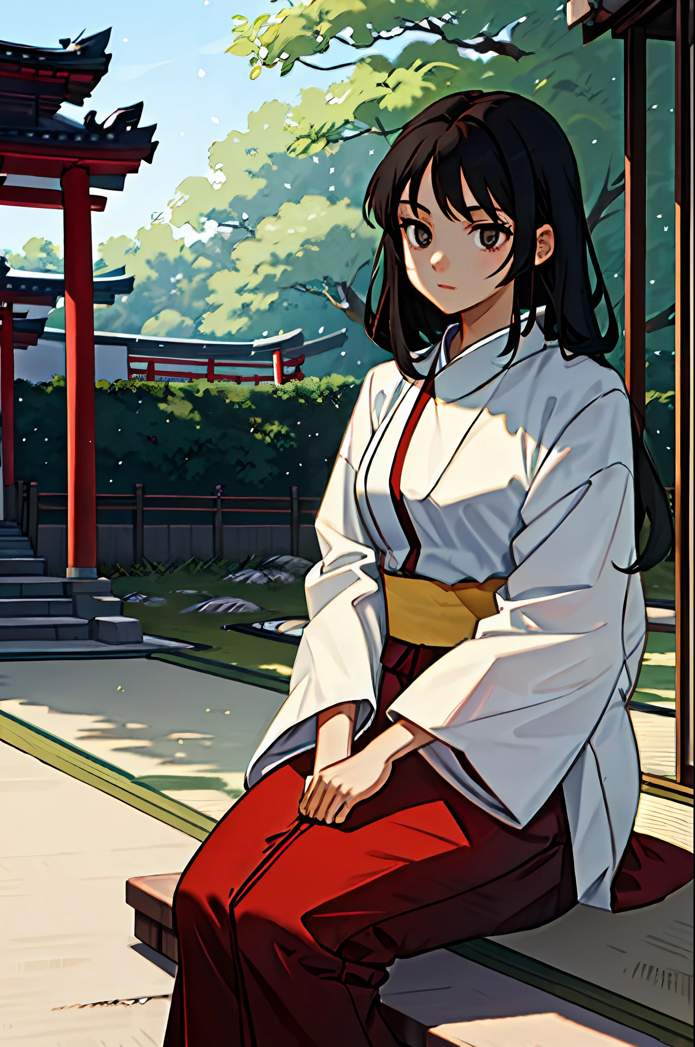 masterpiece, best quality, 1girl, dark hair, dark eyes, hakama red and white, outdoor, sitting, field, village, bottom, face, ancient japanese temple