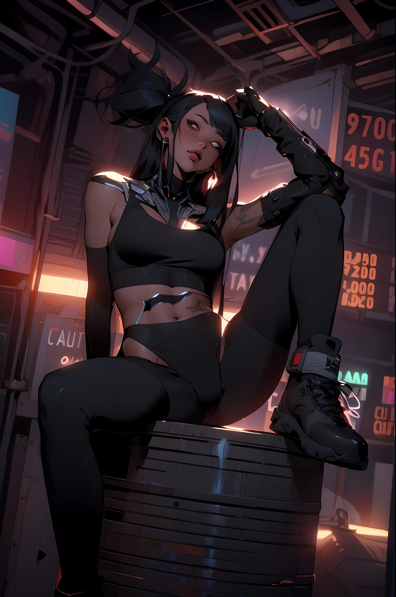 ((Best quality)), ((masterpiece)), (detailed: 1.4),Caucasian girl with 2-piece outfit, slim physique, collarbone and neck tattoo, full-length, beautiful figure, cyberpunk bikini, black clothing items with colorful graphics, red boots, 3/4 sock, cyberpunk style, super detailed, inside a container, Nji —V5, pastel, HDR (High Dynamic Range),Ray Tracing,NVIDIA RTX,Super-Resolution,Unreal 5, Subsurface Dispersion, PBR Texture, Post-processing, Anisotropic Filtering, Depth of Field, Maximum Clarity and Sharpness, Multilayer Textures, Albedo and Specular Maps, Surface Shading, Accurate Simulation of Light-Material Interaction, Perfect Proportions, Octane Render, Two-Tone Lighting, Wide Aperture, Low ISO, White Balance, Rule of Thirds, 8K RAW