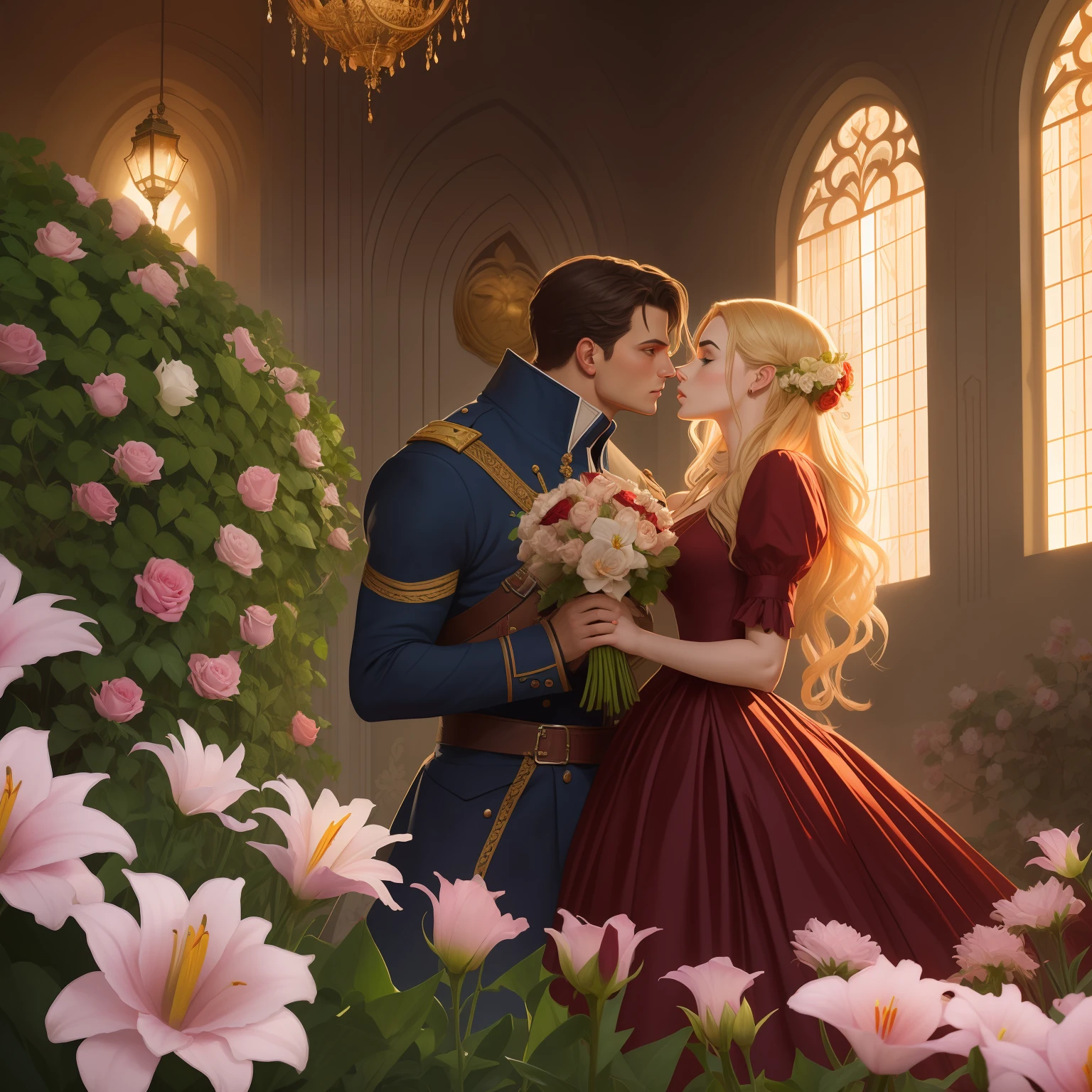Couple kisses a house and a woman with much affection, the man Neels Visser is a prince who has golden blonde hair, wears a medieval military outfit and is in love with the commoner woman Lily Collins, who has dark curly black hair and wears a red dress, illustration of a romance book cover with a detail, smooth, bright background full of flowers ivy toppings and red roses, castle, ornate dress standing on a bed of roses, edge light, lighting lighting, ethereal lighting, ultra detail, concept art, elegant, surreal, art by Lisa Aisato, Greg Hildebrandt, Citemer Liu, Stjepan Sejic, Samyang, Aykut Aydogdu, Justin Gerard, Alphonse Mucha, Artgerm, WLOP and Greg Rutkowski