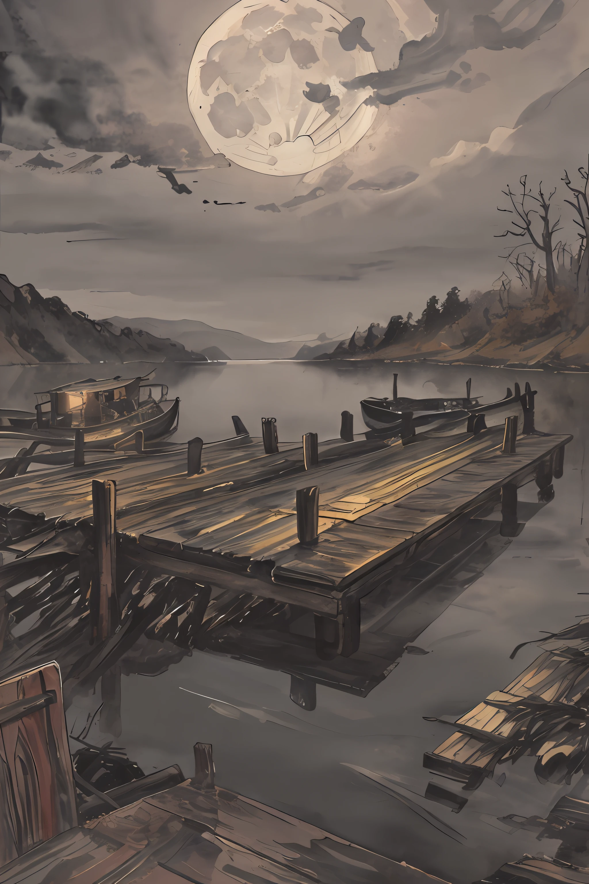 Lake landscape just before a storm, lightning, dark storm clouds forming, wet technique, textured wood, wet wood, moon, splatter art, dangerous water bridge, ominous atmosphere, storm on the horizon, long wooden deck on a lake, rotting wood, reflections of water, sense of loneliness, 32k boat, watercolor, alcohol paint, hyperrealistic, decrepit deck, Neglected runway, moody environment, dynamic composition, stillness, epic, masterpiece, award-winning, high quality, detailed, sharp focus, sense of depth, 3D depth of field
Negative prompts
(nsfw:1.5),(worst quality, low quality:1.4),