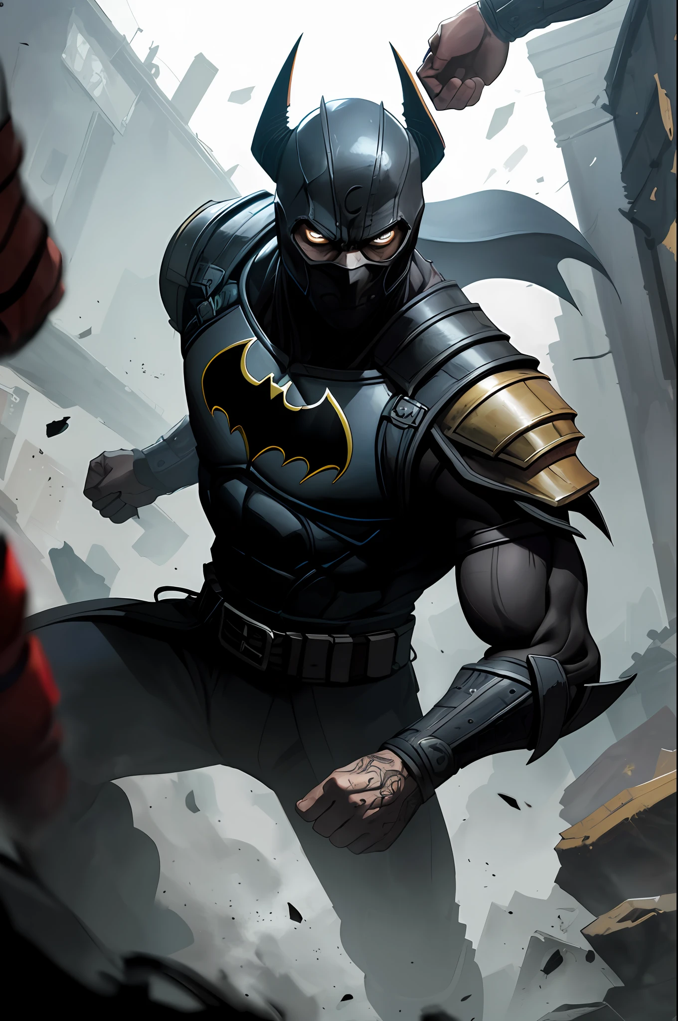 mortal kombat scorpion, detailed white eyes, bladk and gray armor, Batman mask, veins on his arm, intricate, high detail, sharp focus, dramatic and photorealistic painting art by greg rutkowski, action scene: fight of the game Mortal Kombat in Tokyo.